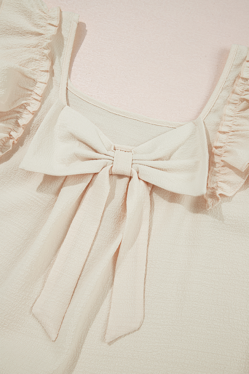 Beau Blue Textured Bow Knot Frilled Butterfly Sleeve Blouse