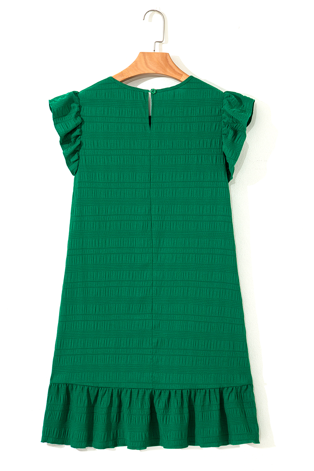 Dark Green Textured Ruffled Sleeve Round Neck Top