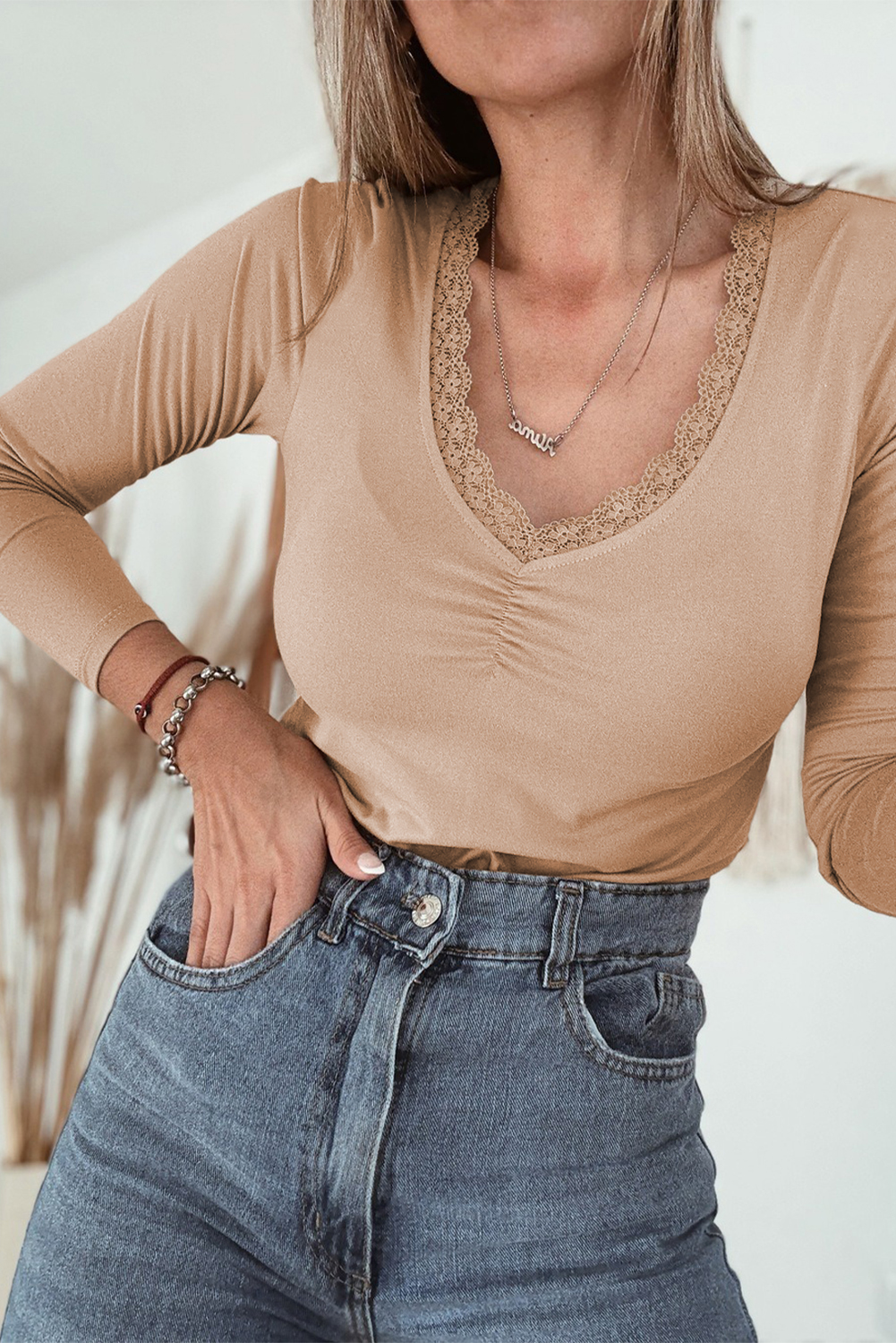 Red Dahlia Lace-trimmed Sweetheart Neckline Ruched Detail Long Sleeve T-shirt