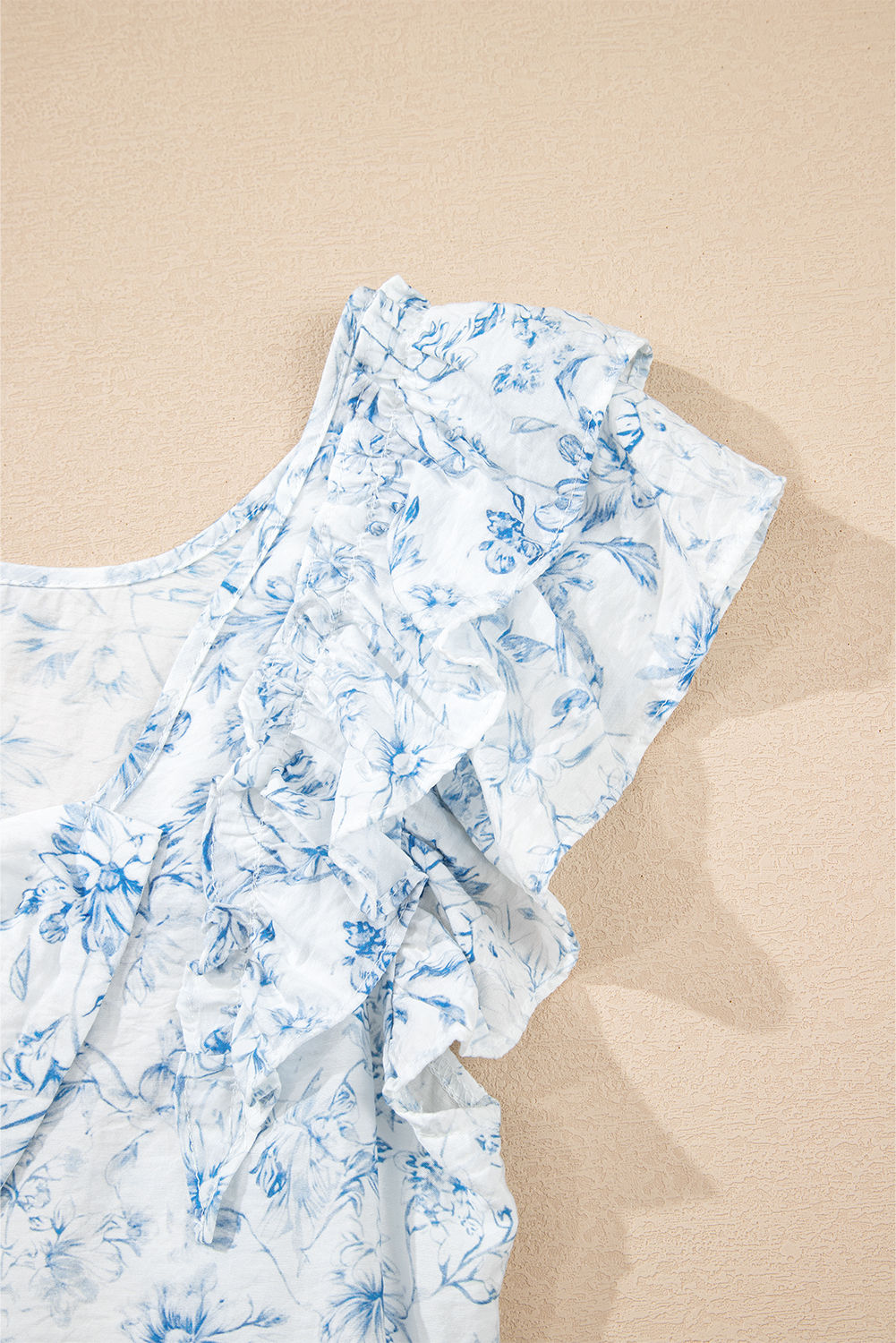 Beau Blue Textured Bow Knot Frilled Butterfly Sleeve Blouse