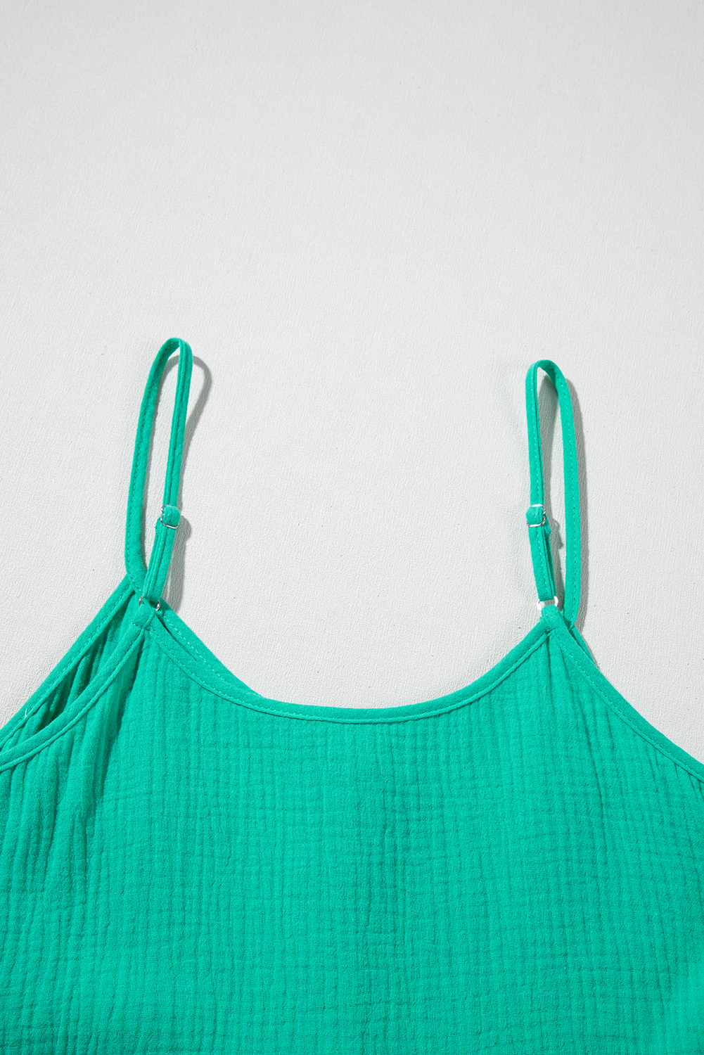 Sea Green Textured Buttoned Thin Strap Tiered Loose Fit Mini Dress