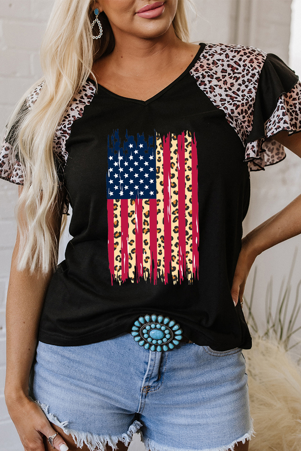 Black Leopard Patchwork Frayed USA Flag Print Ruffle Short Sleeve V Neck Tee