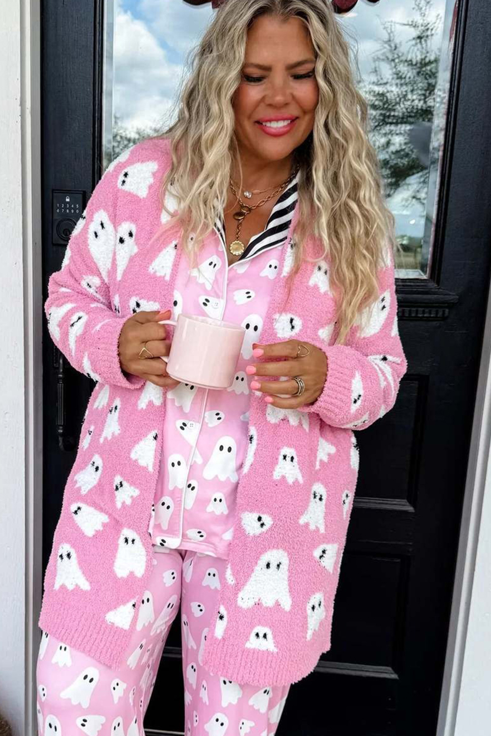 Bonbon Halloween Ghost Pattern Mid-length Knitted Cardigan