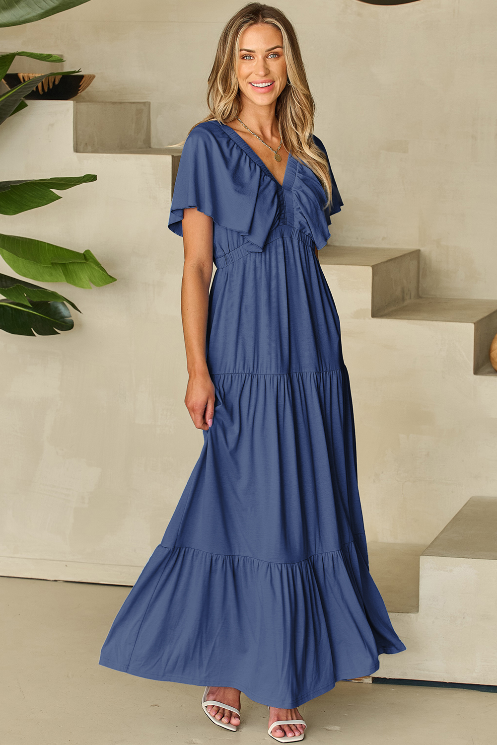 Grass Green Textured V Neck Flutter Sleeve Ruffled Maxi Dress