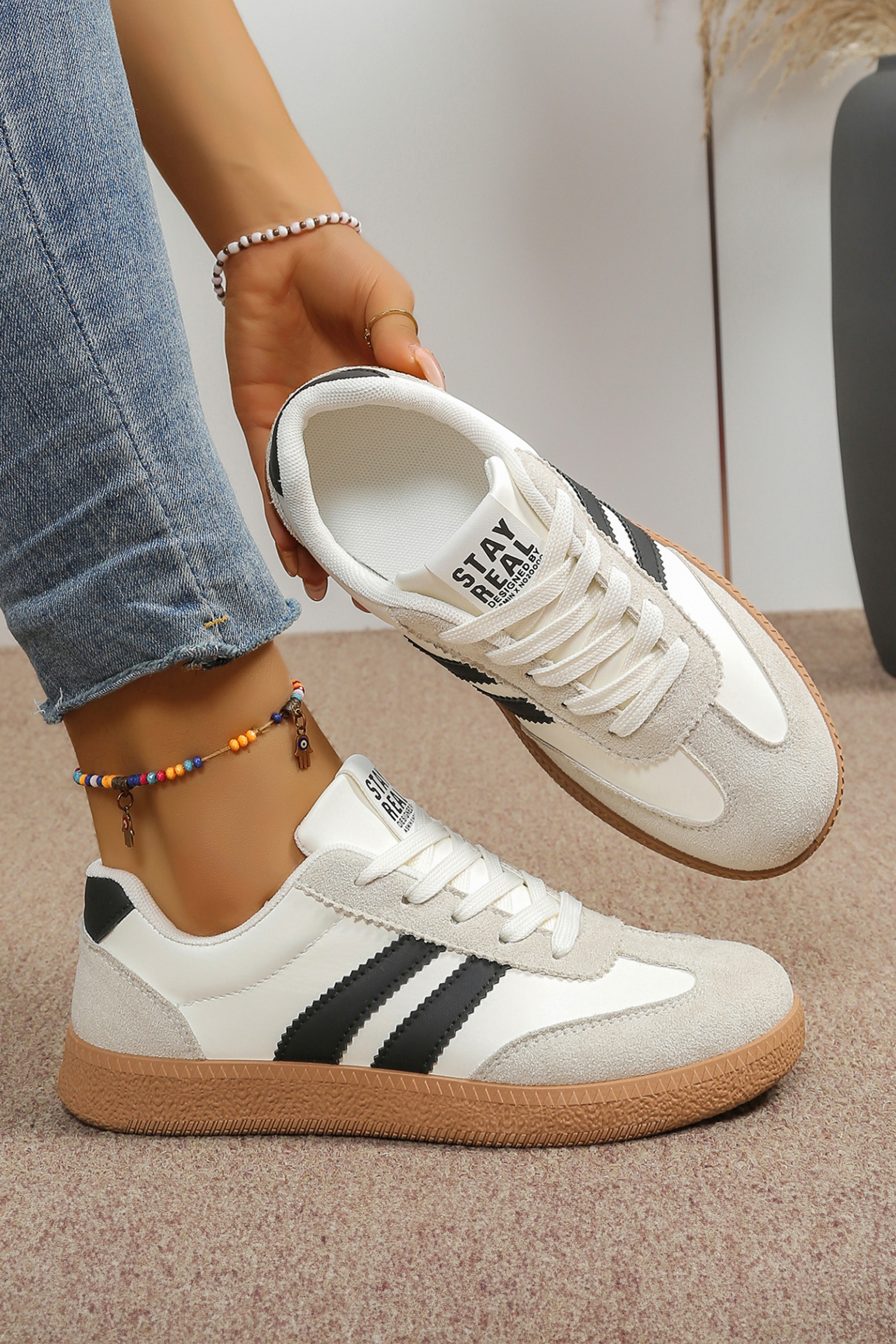 White Varsity Color Block Patchwork PU Leather Lace Up Shoes