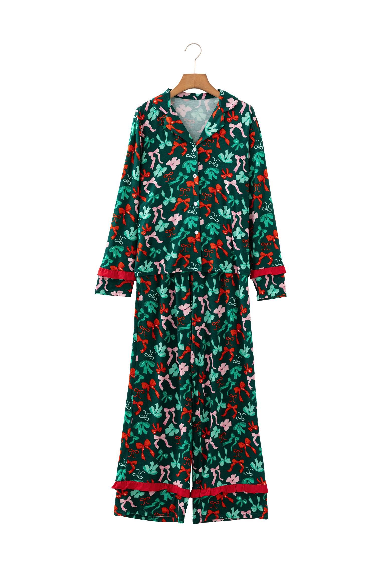 Green Festive Bow Print 2pcs Pajama Pant Set