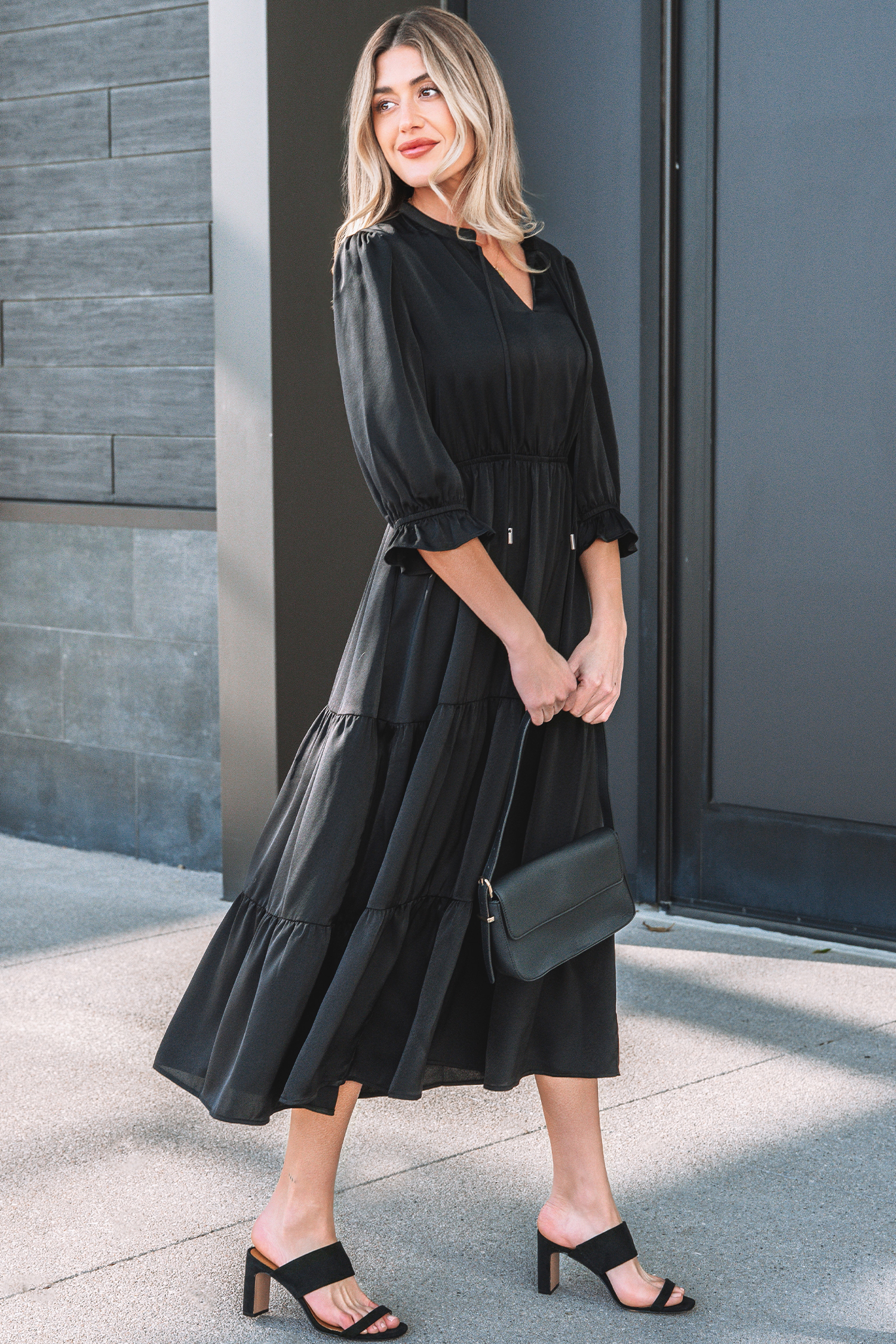 Black Flounced Bracelet Sleeve V Neck Tiered Maxi Dress