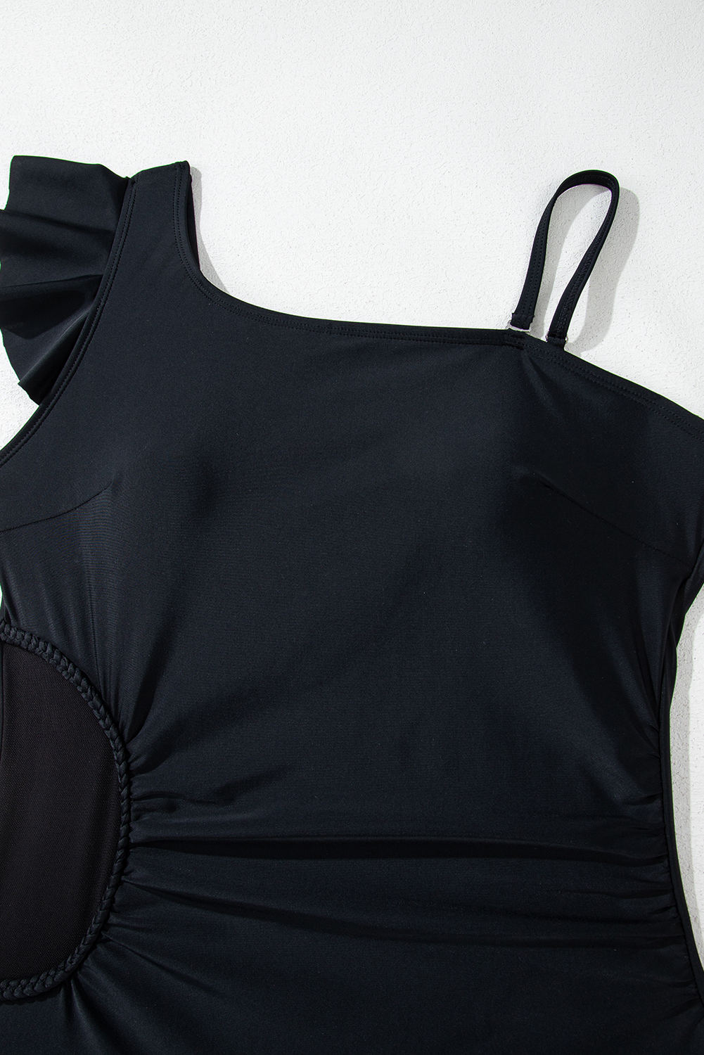 Black Asymmetric Ruffle Shoulder Pleated One Piece Swimsuit