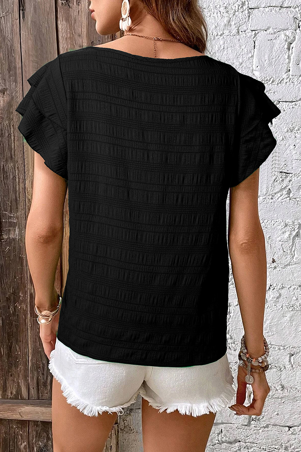 Dark Green Textured Ruffled Sleeve Round Neck Top