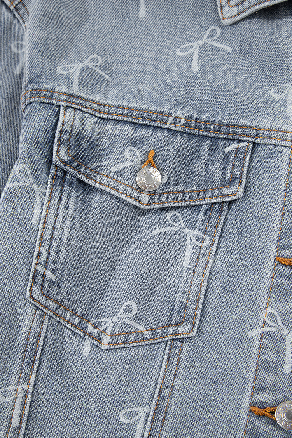 Sky Blue Bow Knot Print Light Wash Raw Hem Denim Jacket