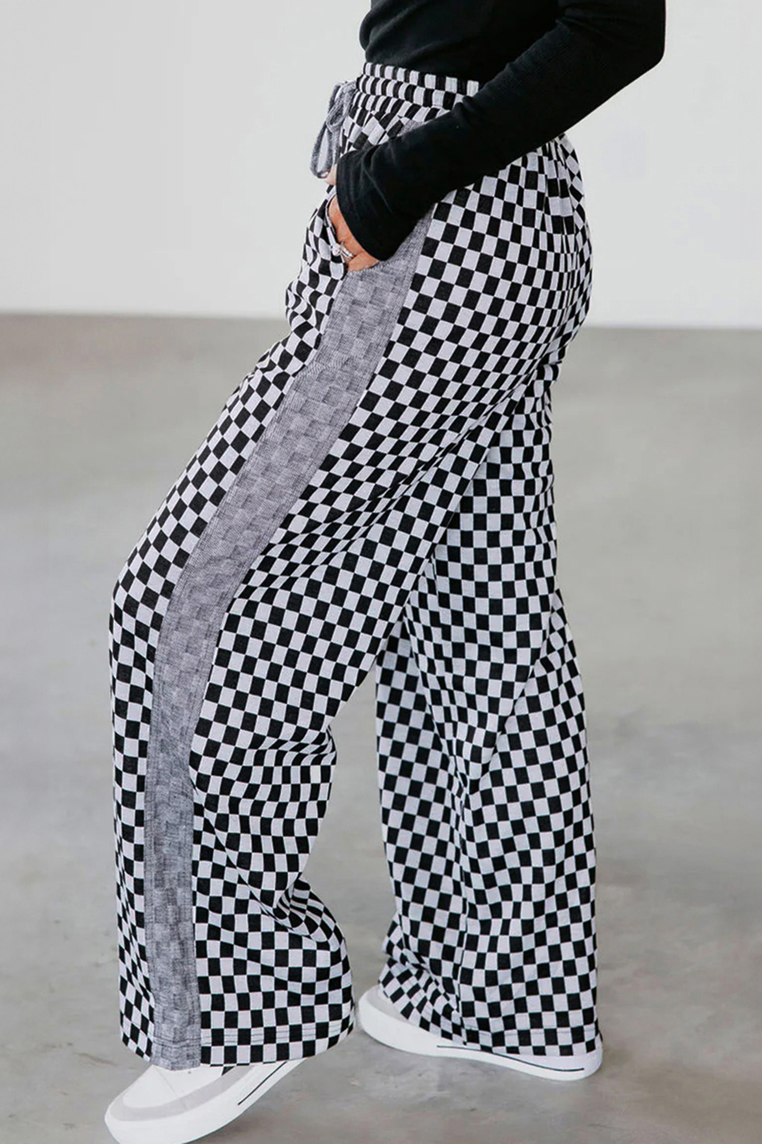White Checkerboard Drawstring Waist Casual Pants