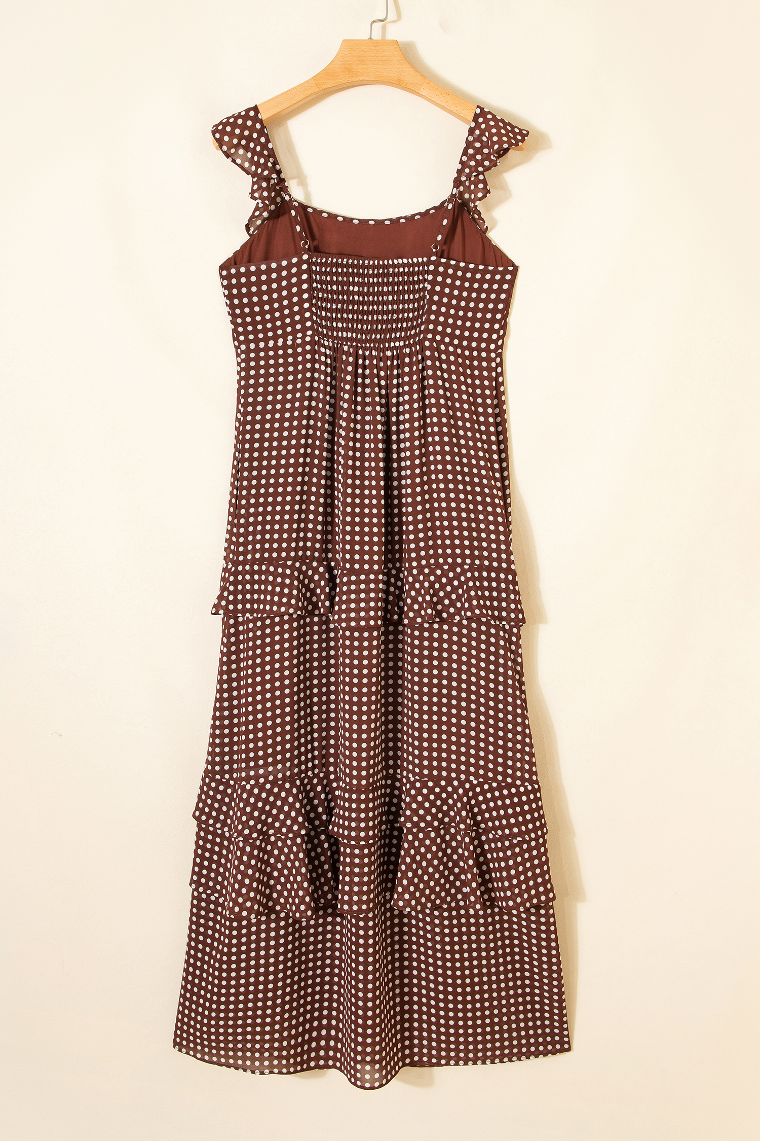 Coffee Polka Dot Print Backless Ruffled Tiered Maxi Dress
