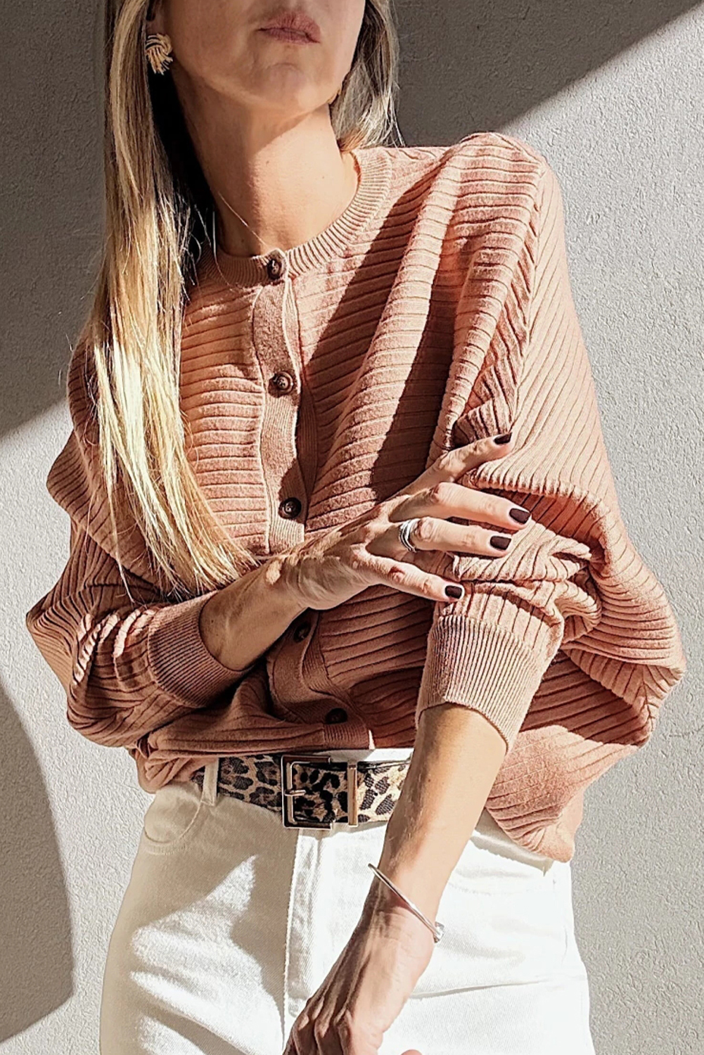 Apricot Pink Wide Rib Knit Button Front Dolman Sleeve Sweater Cardigan