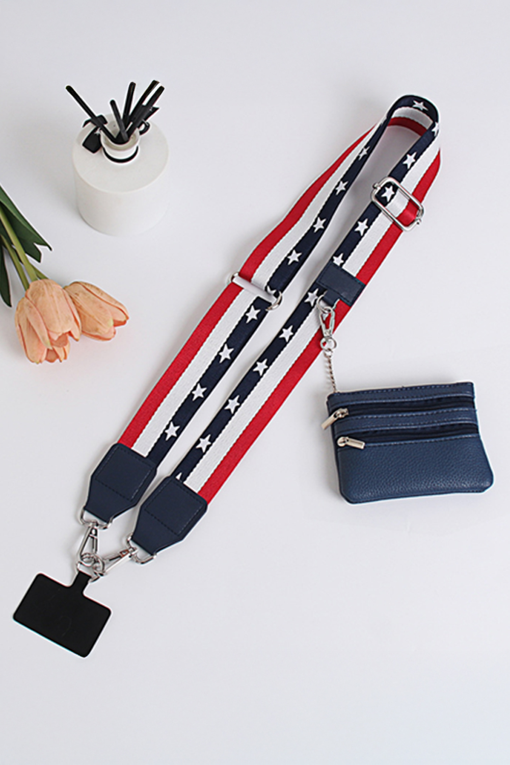 Dark Blue Star and Stripe Print Phone Strap with Pouch