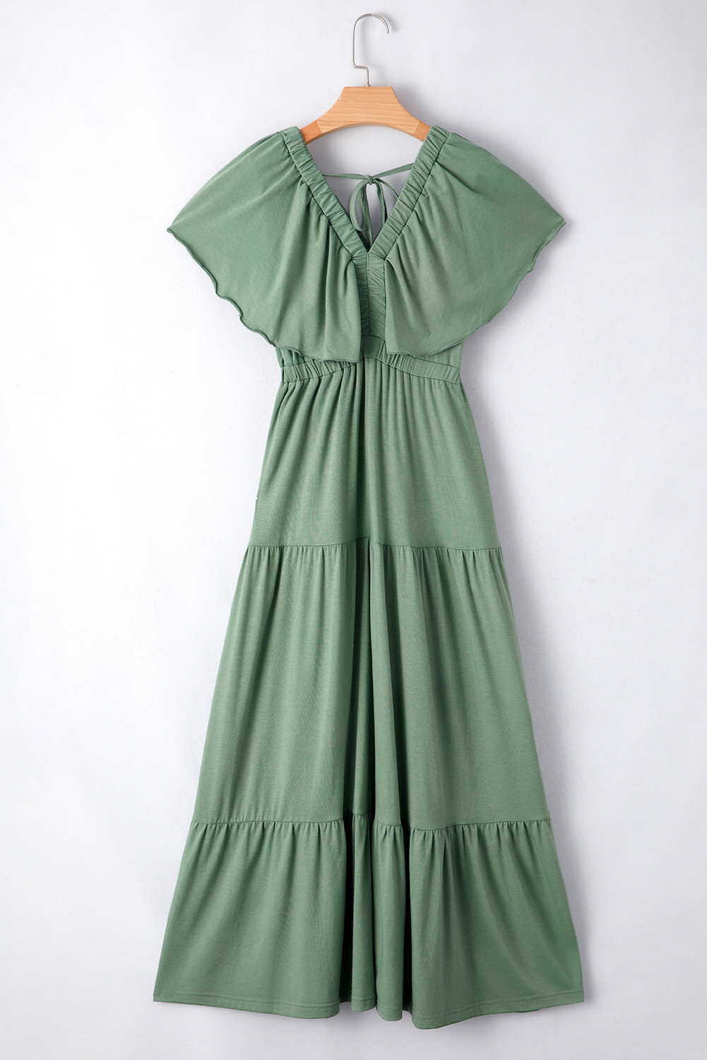 Grass Green Textured V Neck Flutter Sleeve Ruffled Maxi Dress