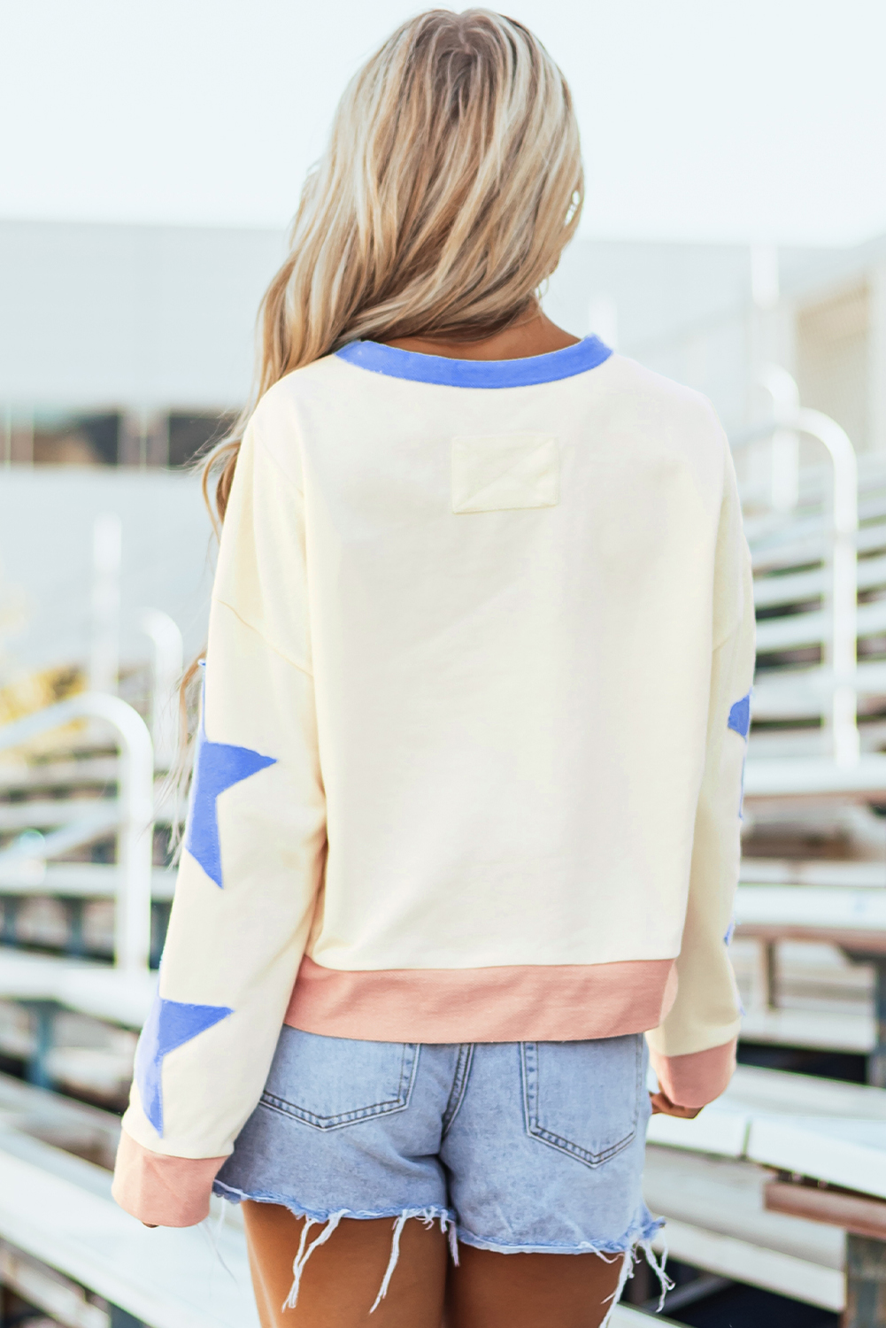 Beige Sequin Rugby Graphic Starry Patched Contrast Trim Game Day Sweatshirt
