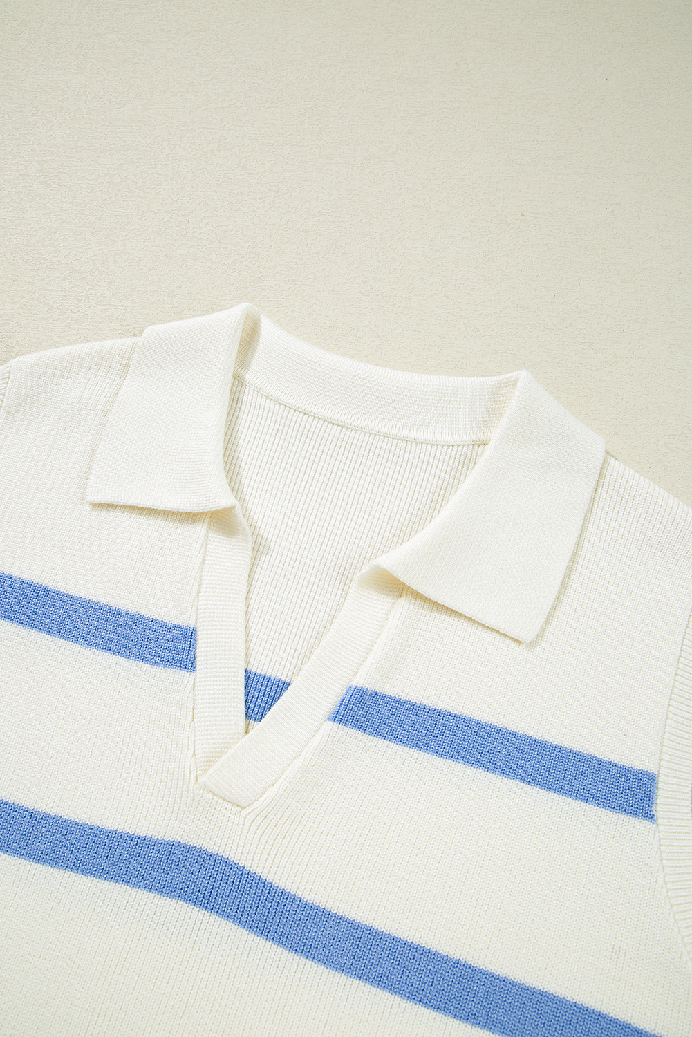 Sky Blue Stripe Split V Neck Collared Ribbed Sweater Vest