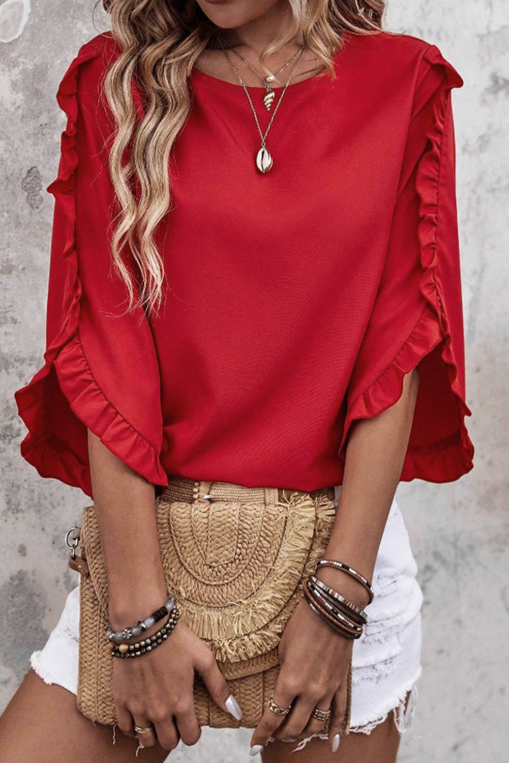 Black Ruffle Trimmed 3/4 Sleeve Round Neck Blouse