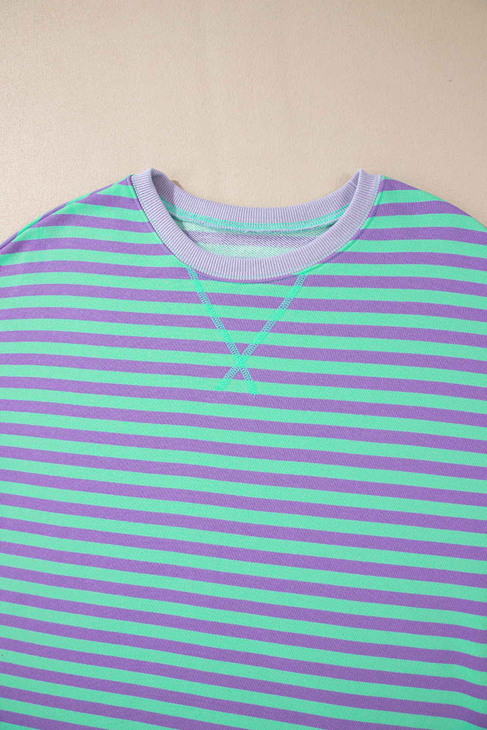 Red Stripe Contrast Ribbed Trim Crossed Stitch Drop Shoulder Sweatshirt