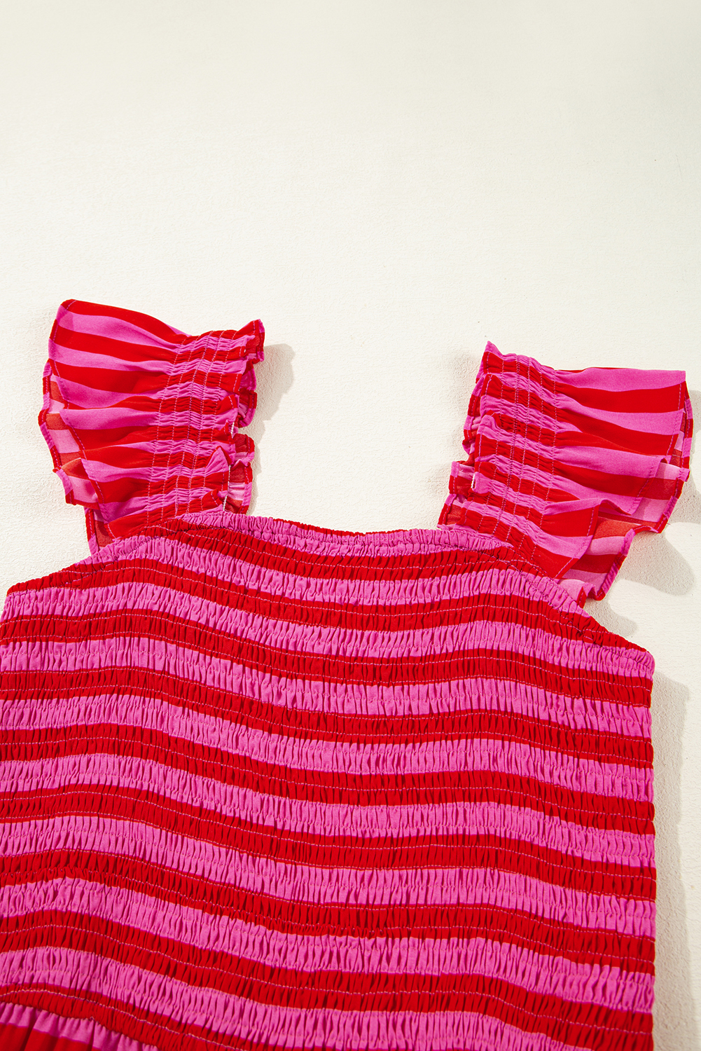 Rose Stripe Flutter Sleeve Smocked Bodice Tiered Maxi Dress