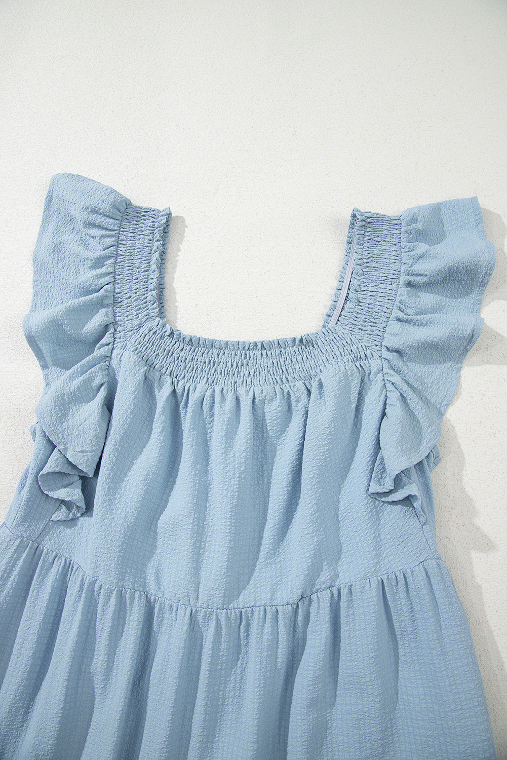 Sky Blue Ruffled Flutter Sleeve Square Neck Textured Tiered Maxi Dress