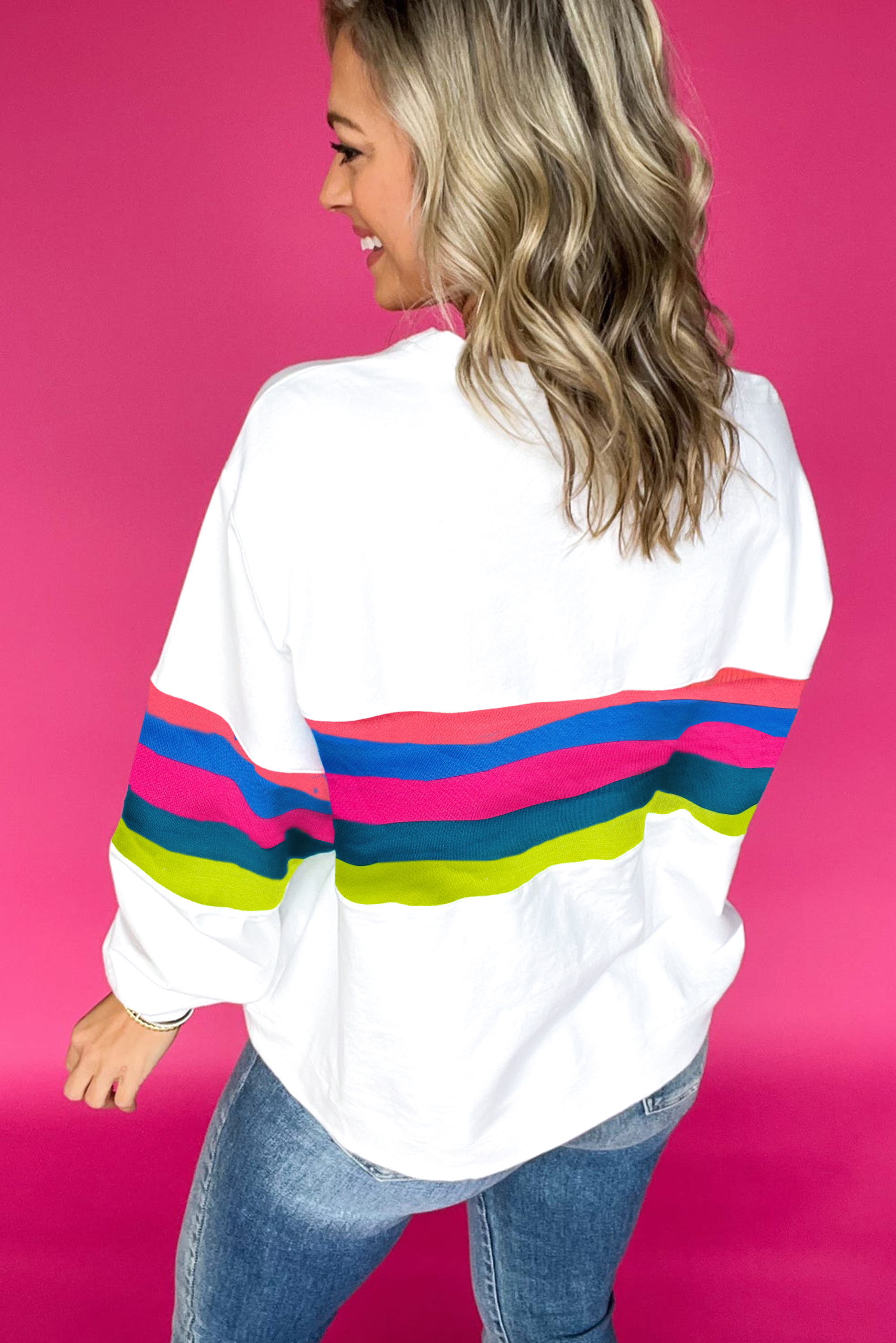 White Plus Size Colorful Striped Drop Shoulder Loose Sweatshirt