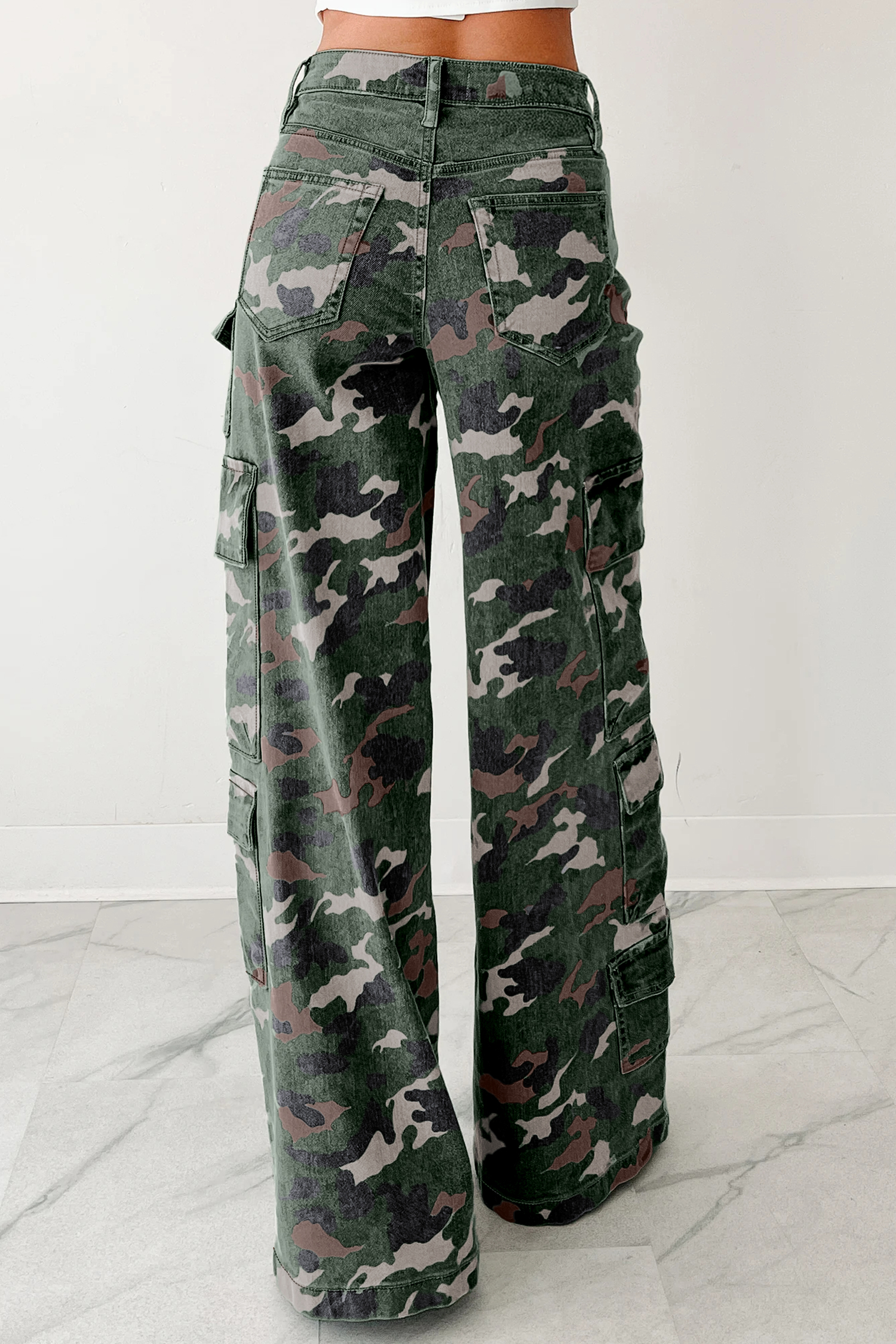Green Camo Denim Cargo Wide Leg Pants