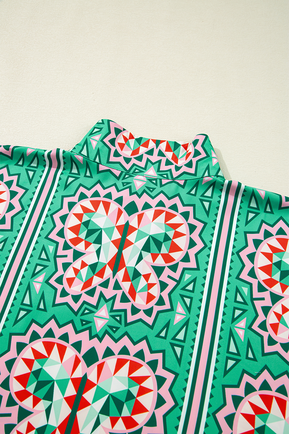 Sea Green Boho Abstract Print Contrast Striped Collared V Neck Blouse