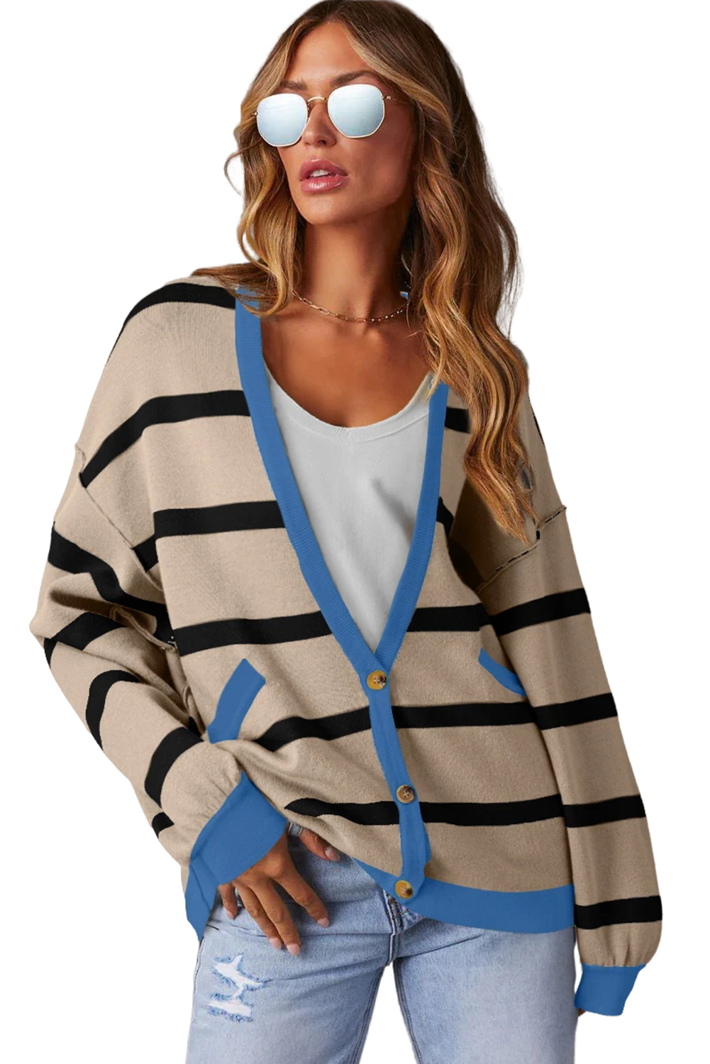 Pink Stripe Colorblock Drop Shoulder Buttoned Loose Cardigan