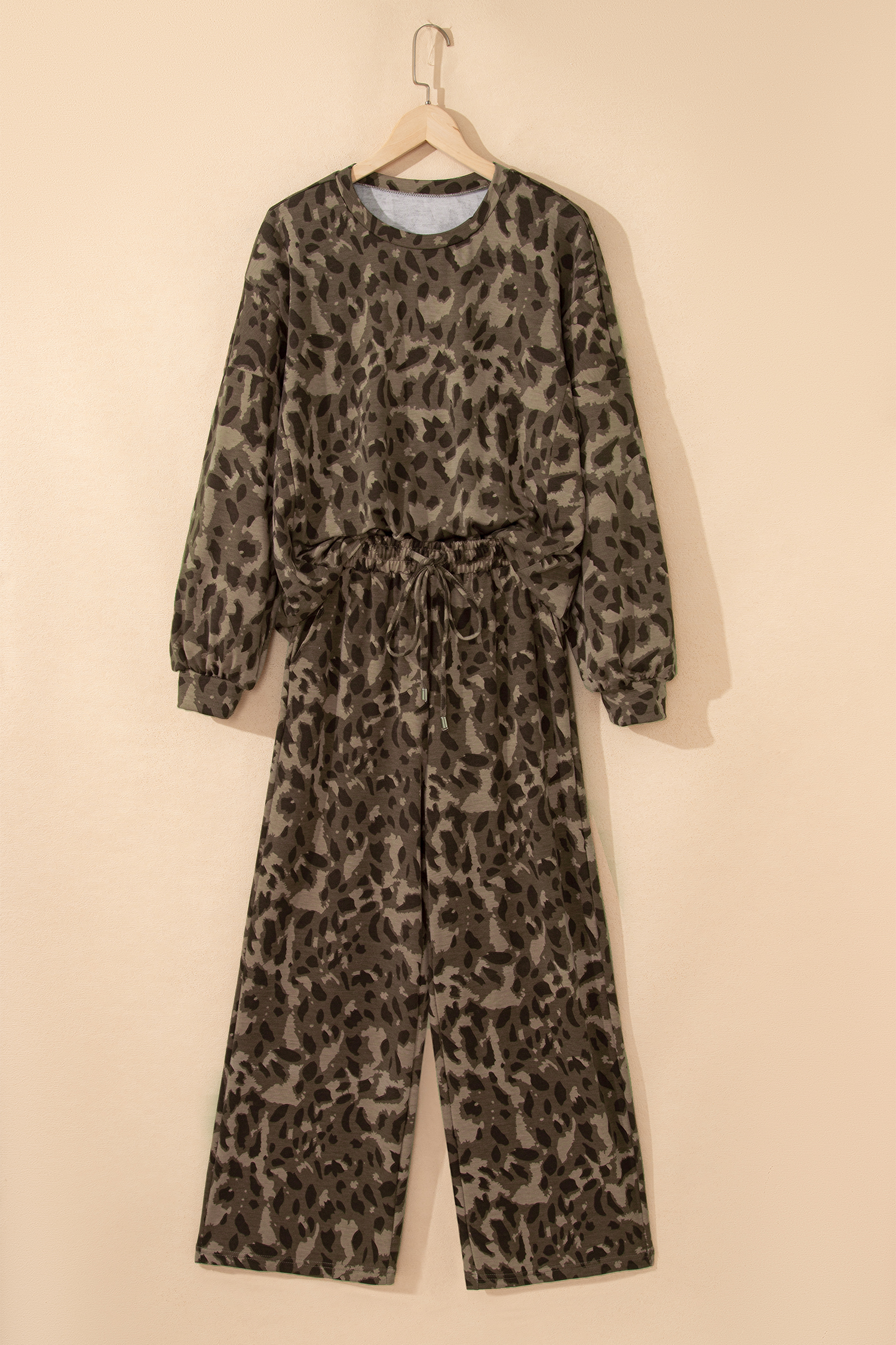 Brown Leopard Loose Tee Drawstring Waist Barrel Pants Set