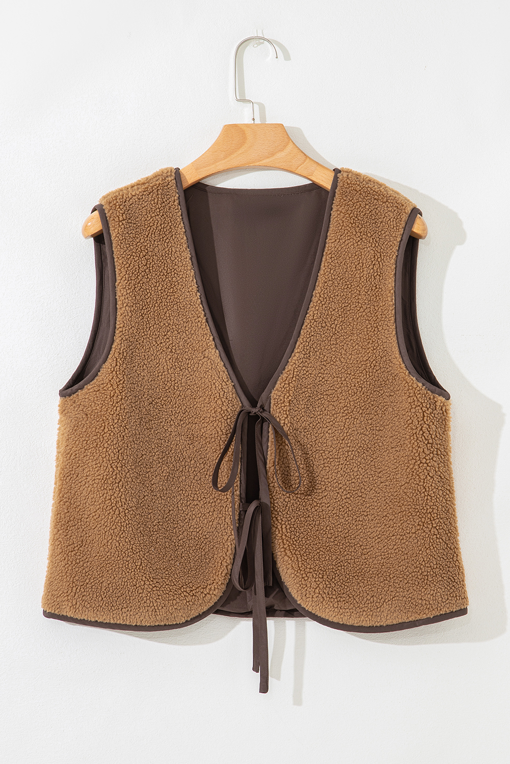 Light French Beige Contrast Trim Tie Front Sherpa Vest