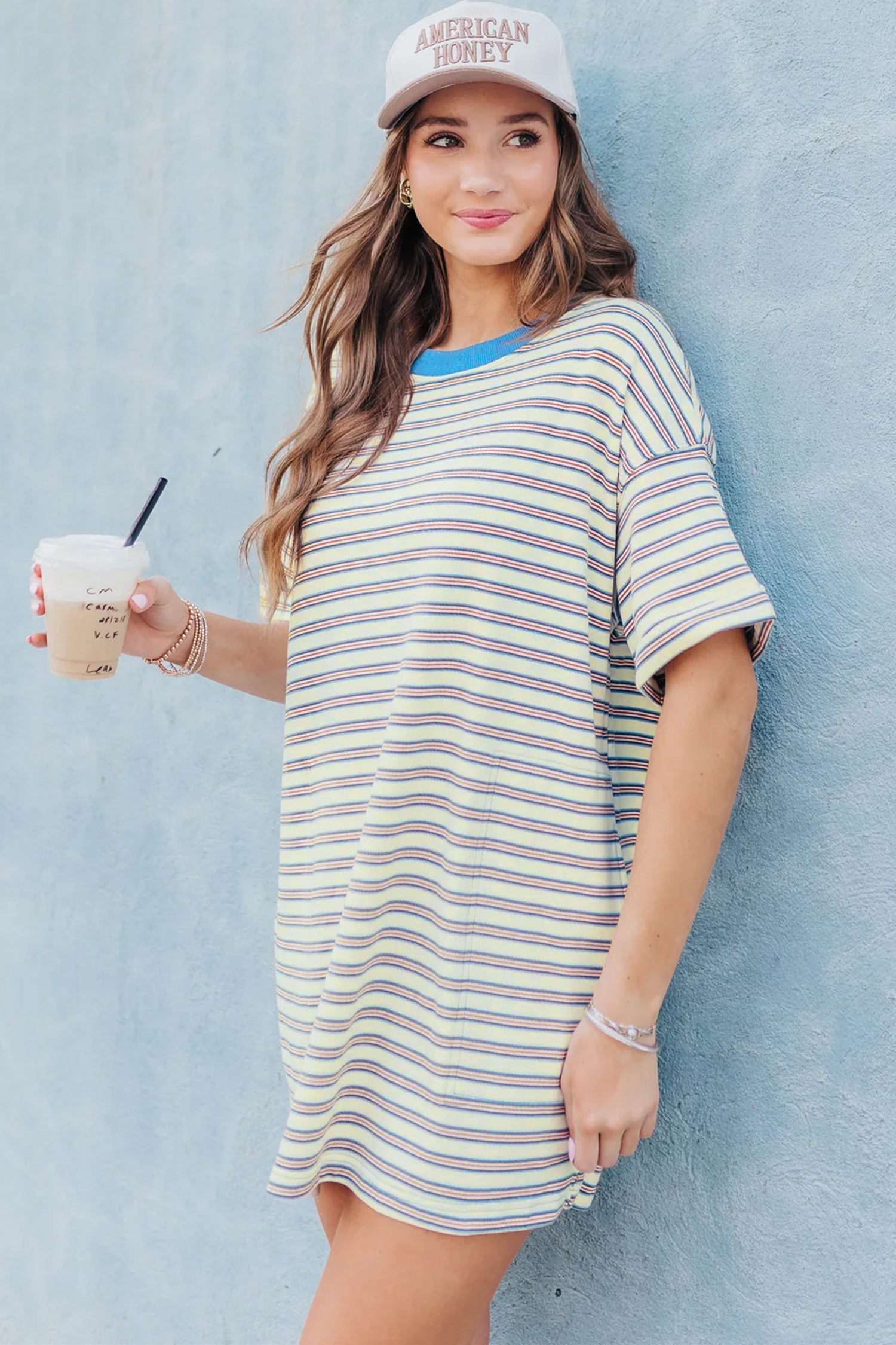 White Stripe Drop Shoulder Cuffed Sleeve Loose Tunic T Shirt Mini Dress