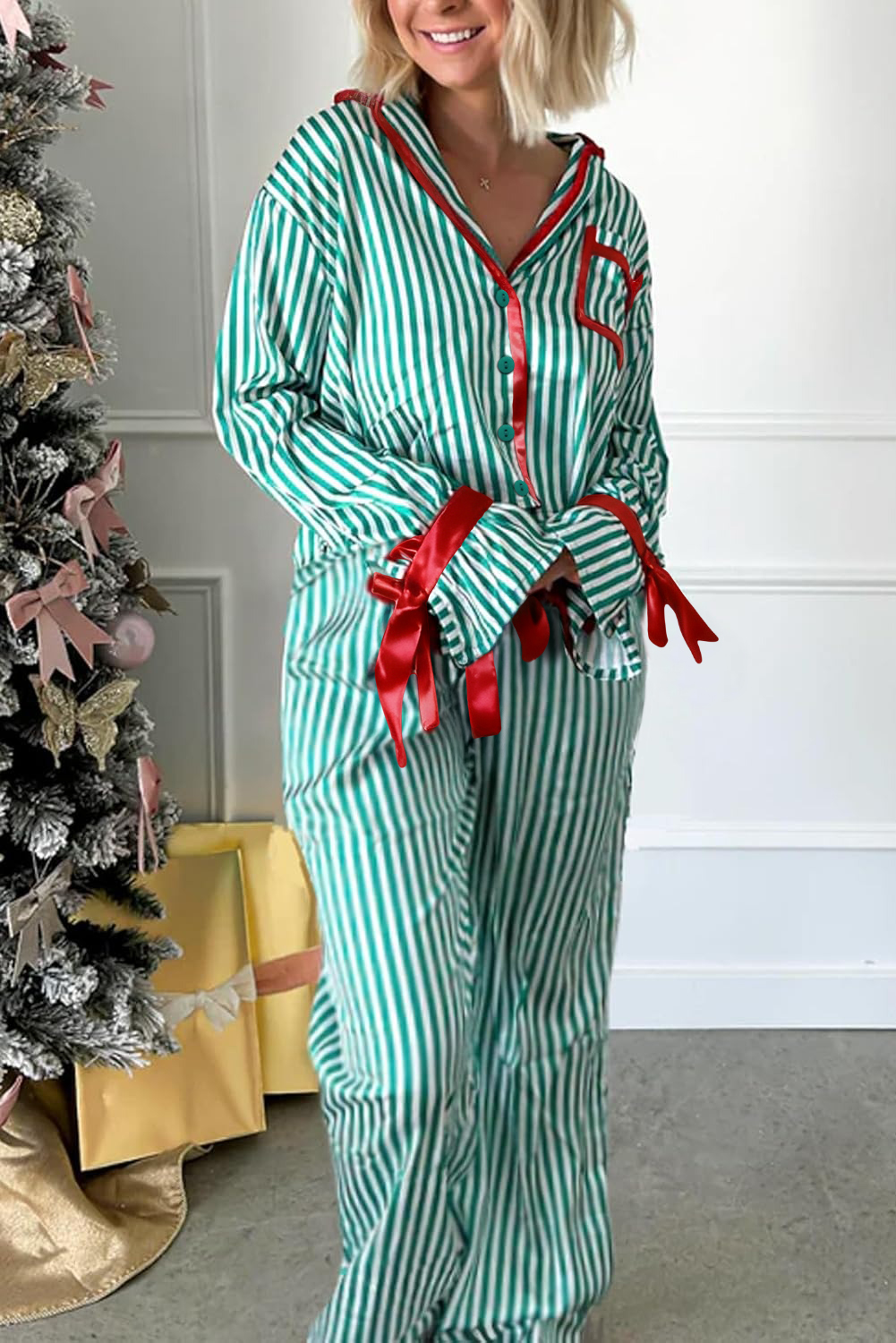 Red Stripe Contrast Velvet Trim Bow Knot Waist 2pcs Pajama Set