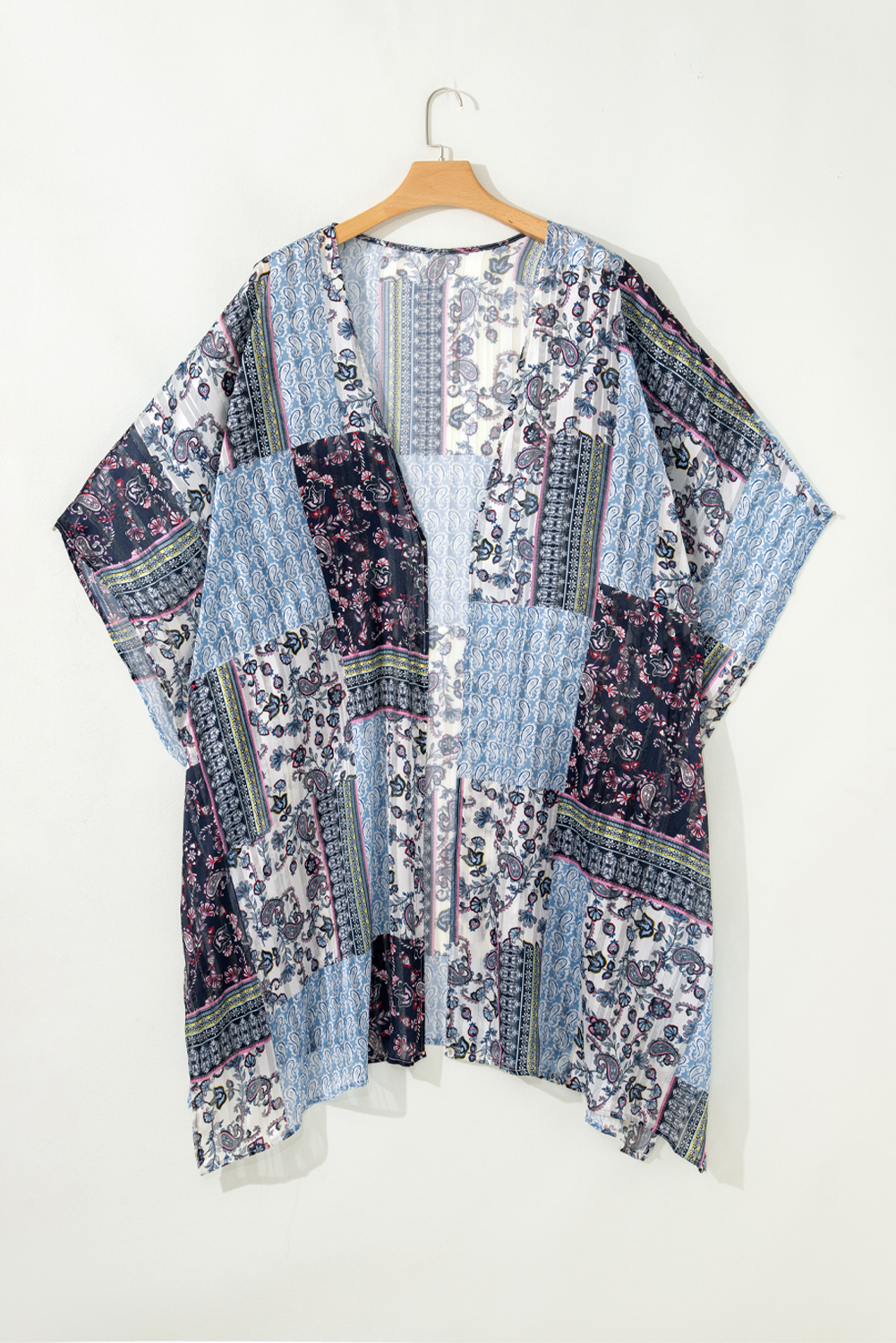 Blue Retro Floral Print Long Loose Open Front Kimono