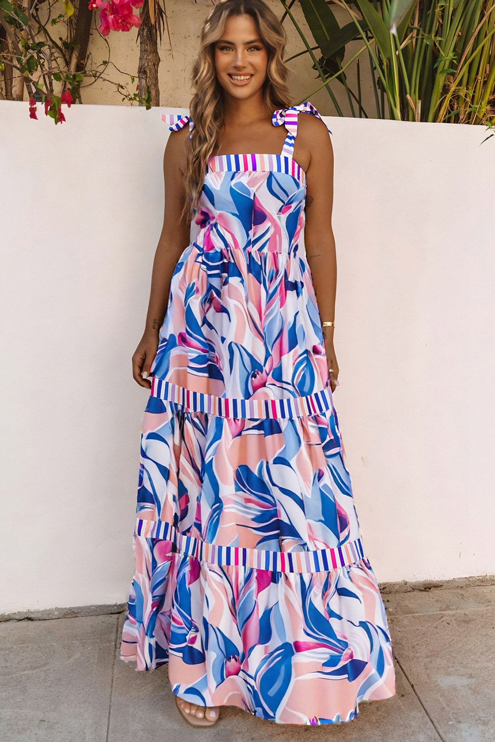 Sky Blue Abstract Print Striped Detail Knot Strap Maxi Dress