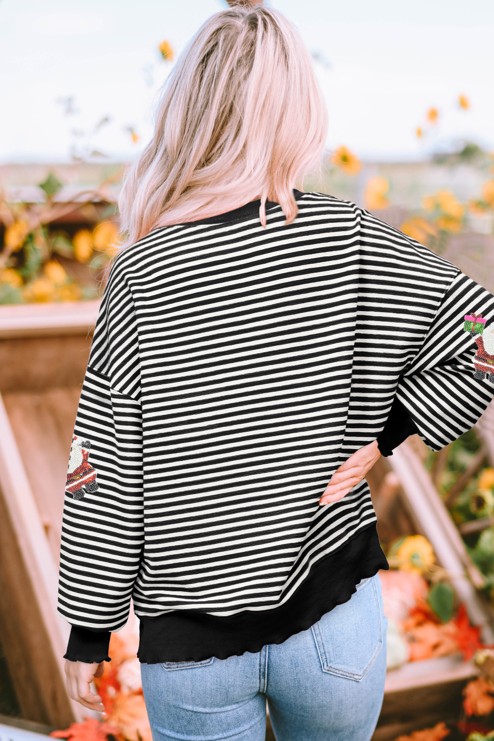 Black Stripe Santa Delivery Gift Sequin Patched Graphic Long Sleeve Top