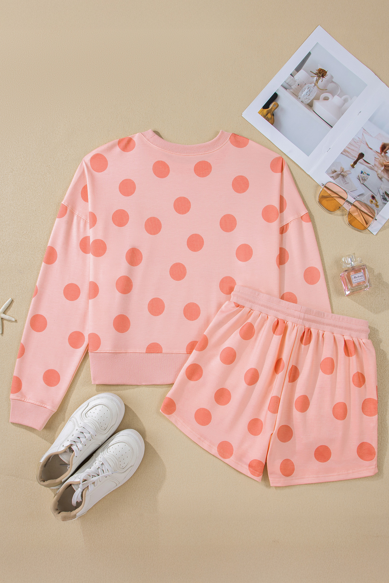 Beige Polka Dot Print Drop Shoulder Pullover Drawstring Jogger Pant Set
