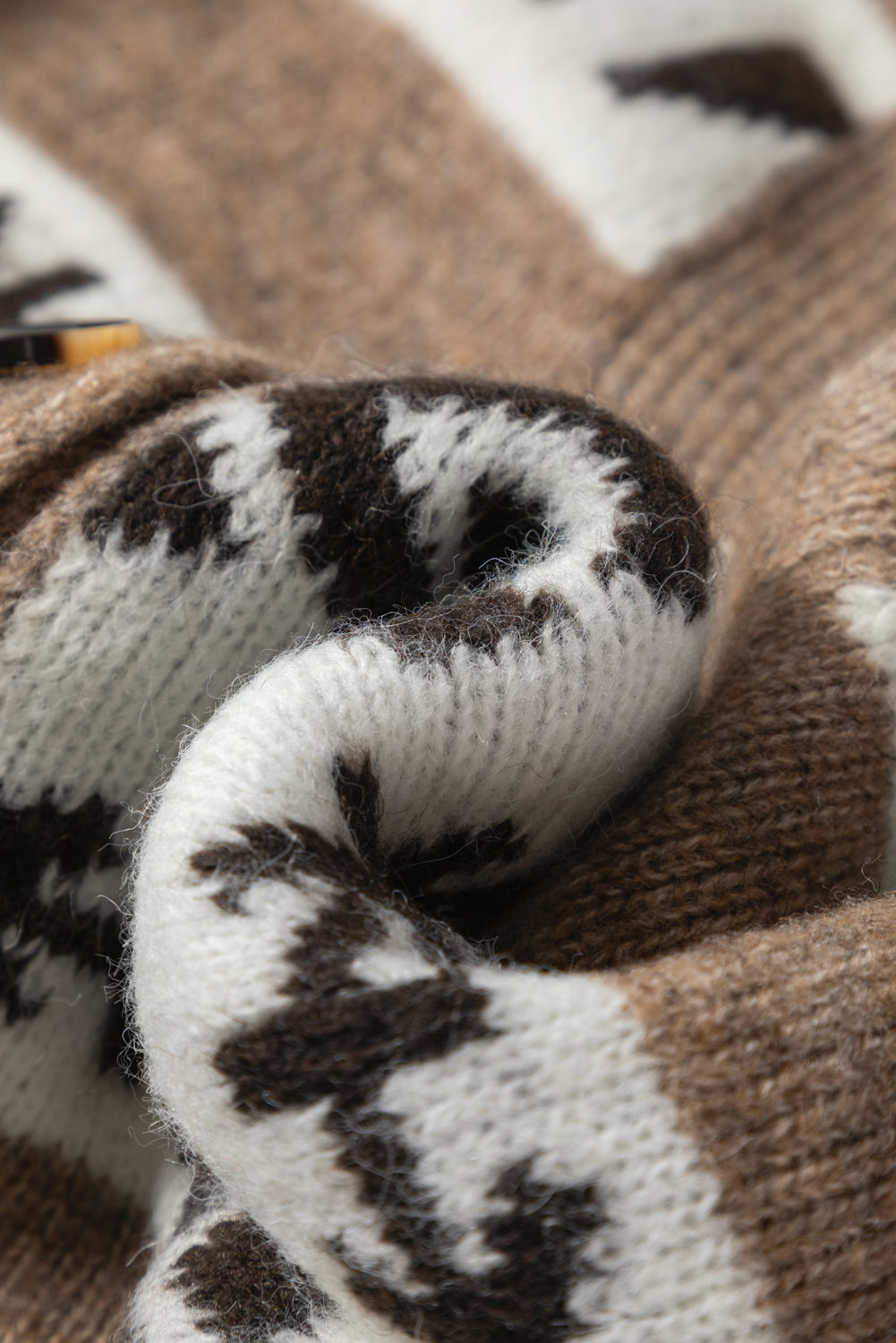 Dark Khaki Ethnic Geometric Pattern Button Front V Neck Sweater Cardigan