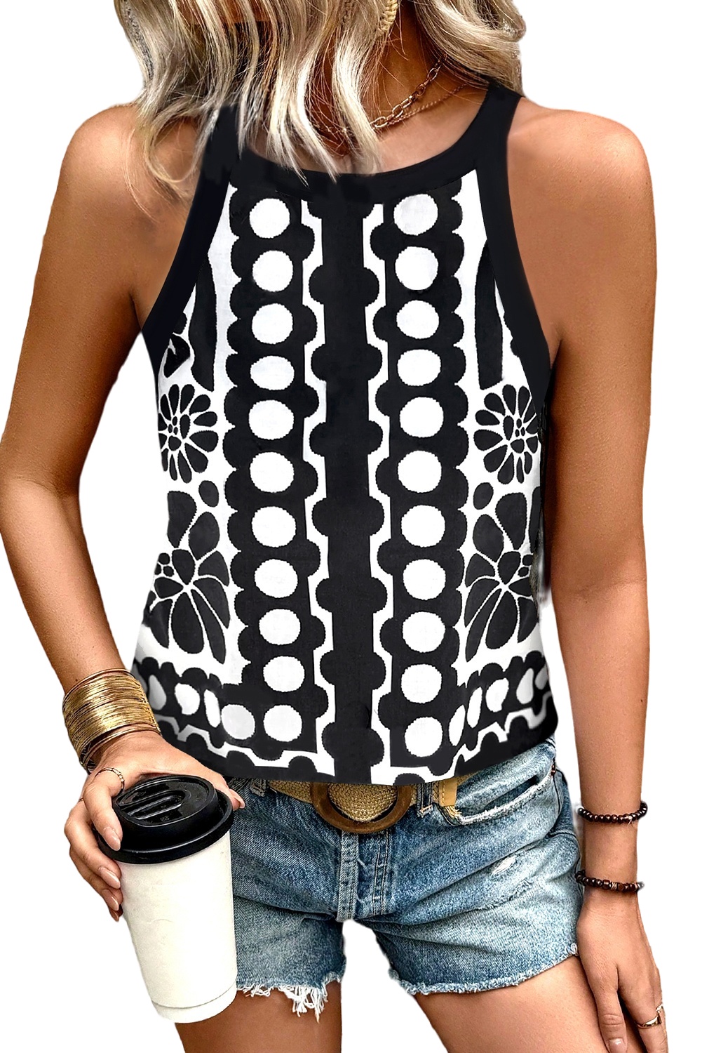 Black Abstract Dot Flower Print Tank Top
