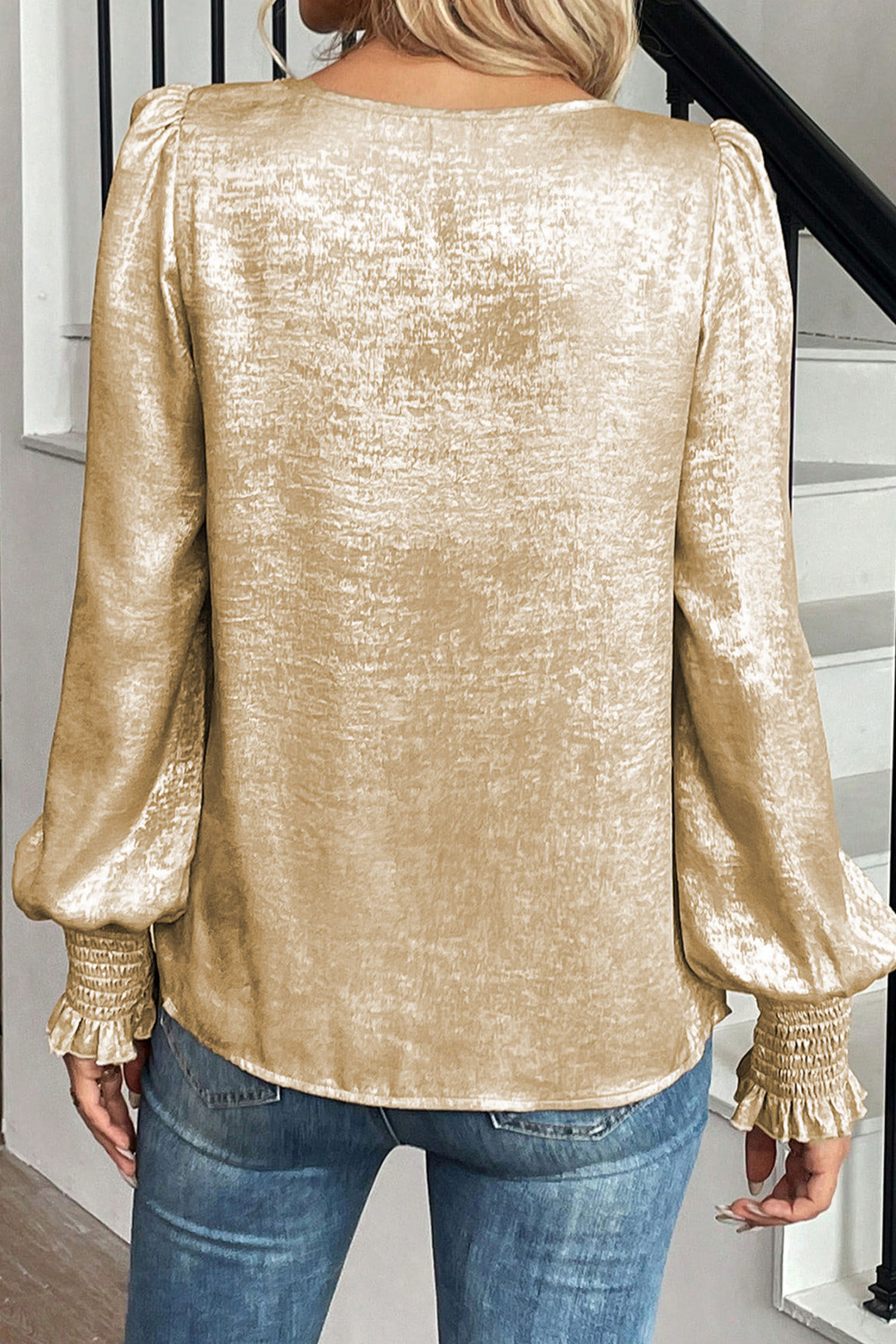 Apricot Metallic Round Neck Smocked Long Sleeve Blouse