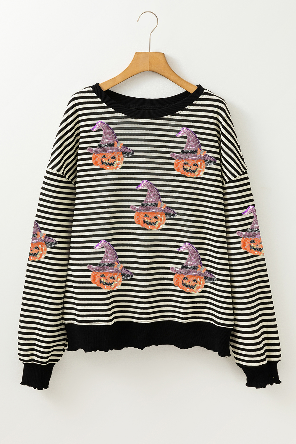 Black Stripe Halloween Pumpkin Shimmer Pattern Casual Top
