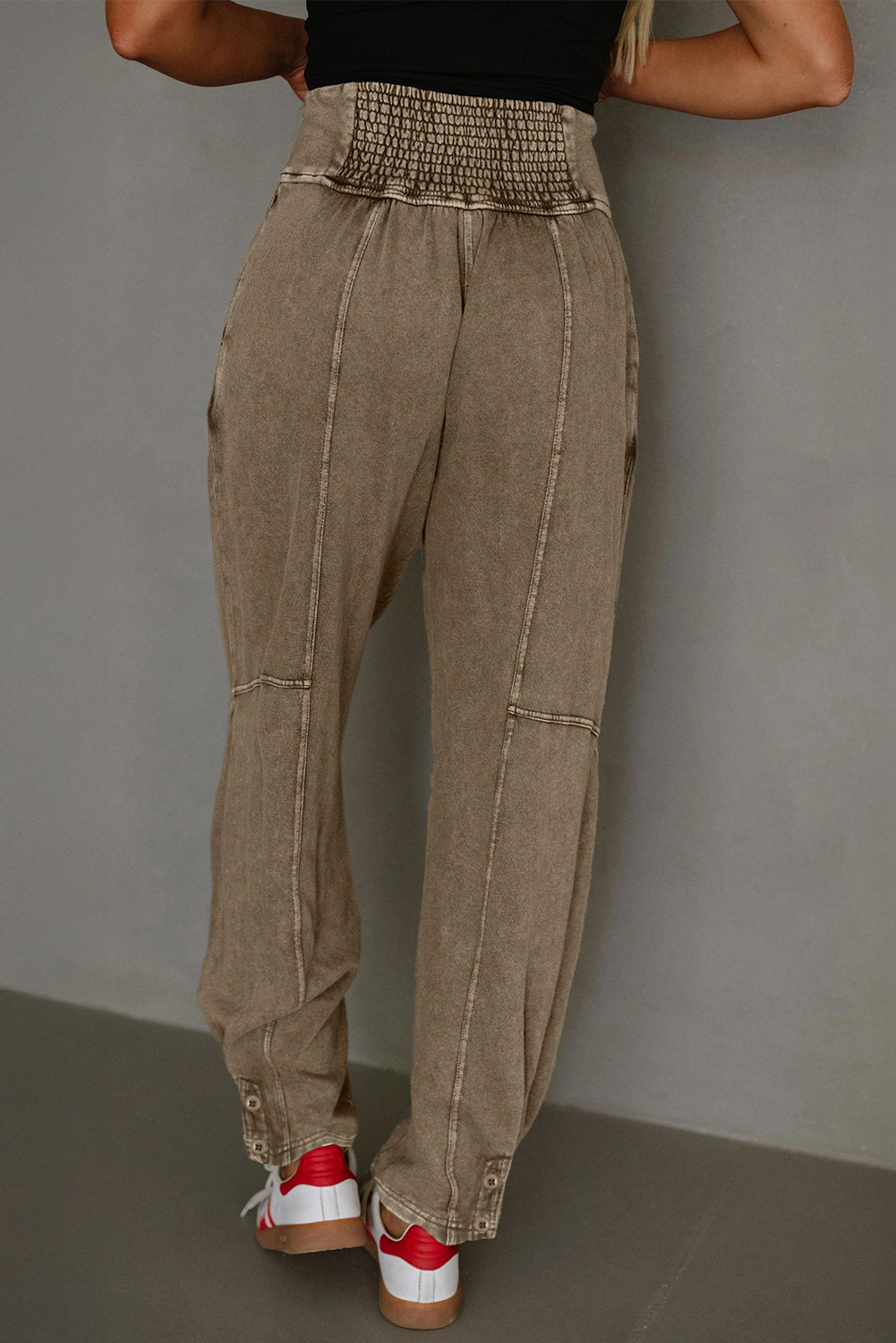 Medium Grey Mineral Wash Jogger Style High Waist Casual Pants