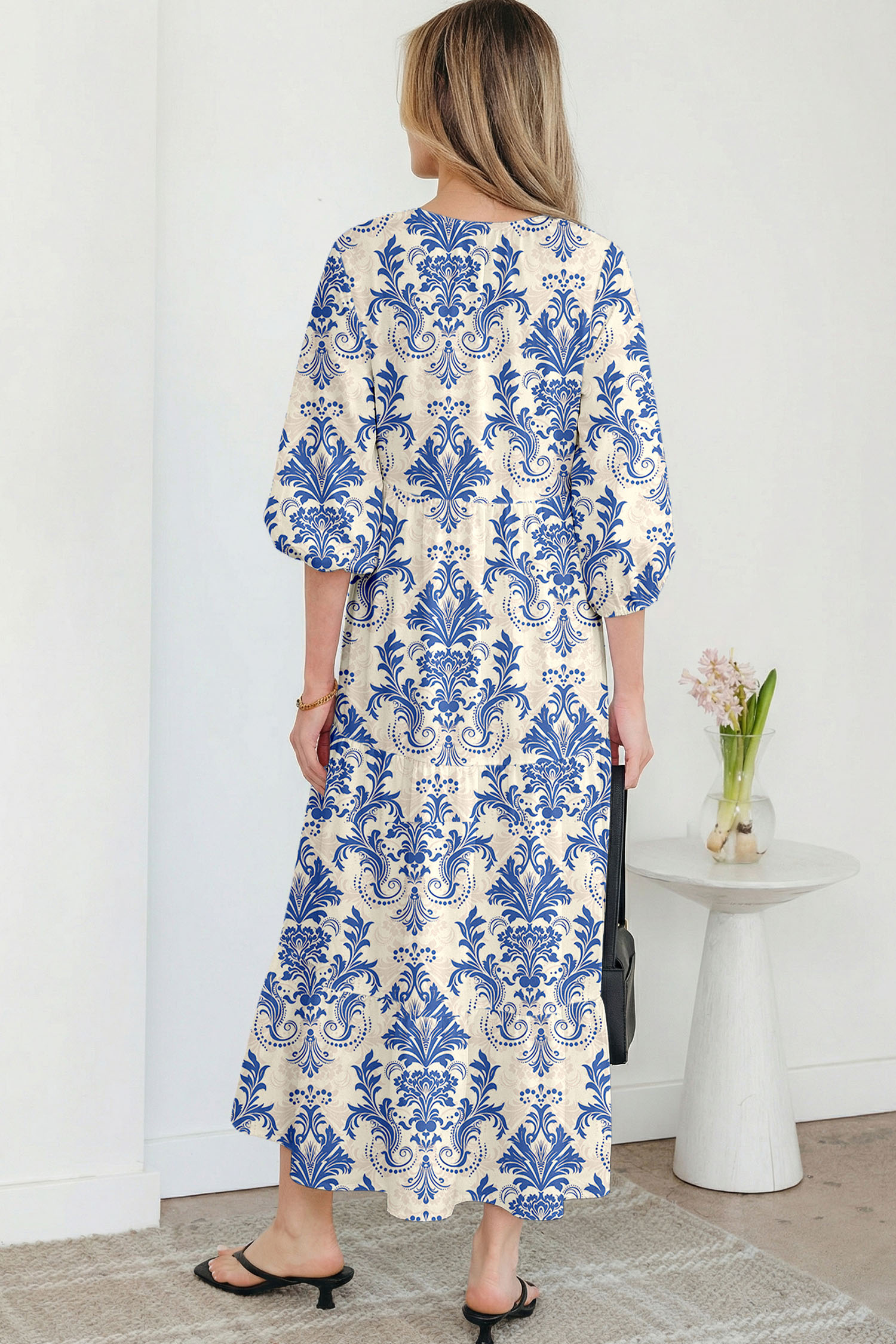 Sky Blue Boho Printed Half Sleeve Maxi Dress