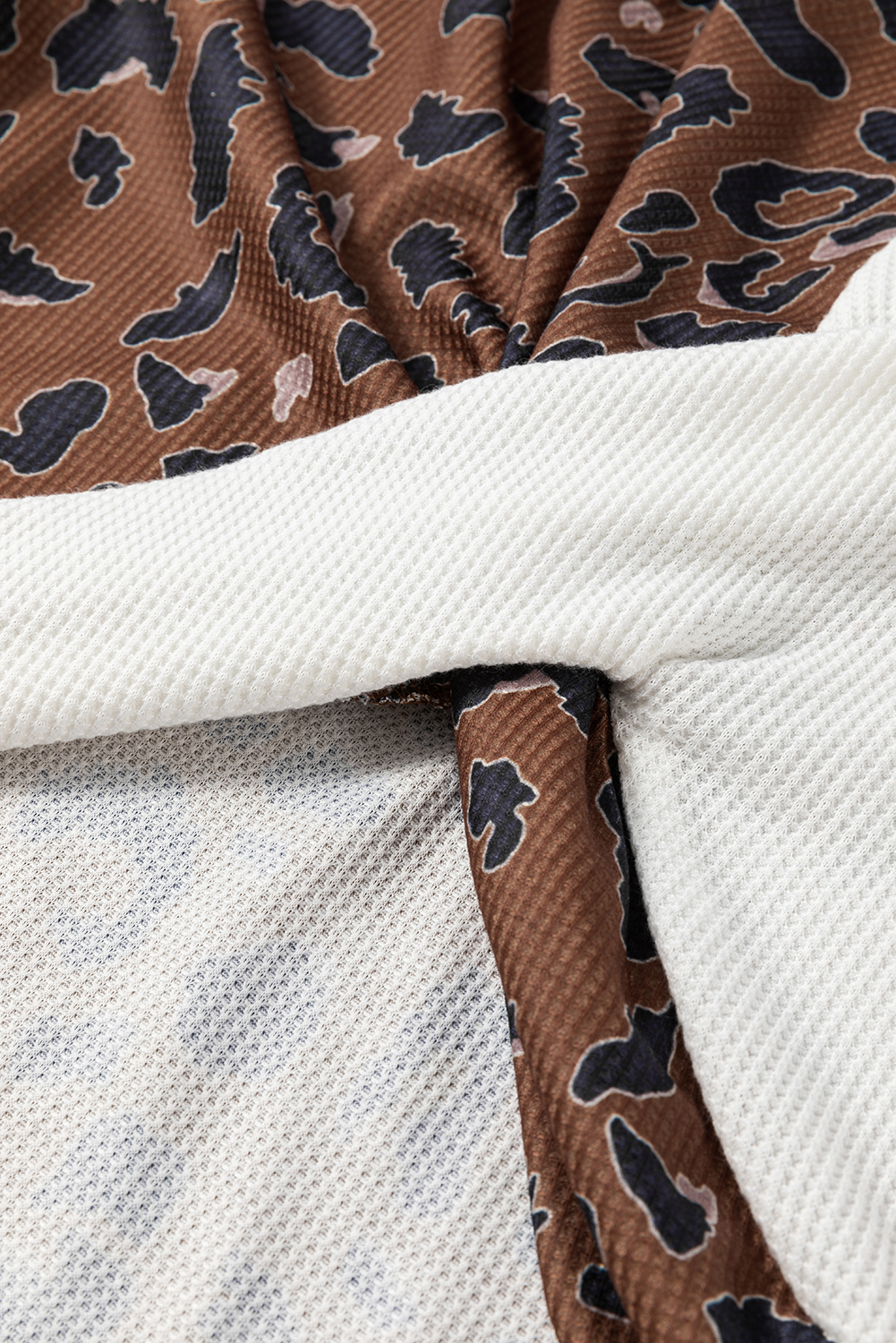 Brown Leopard Contrast Waffle Knit Twist Hem V Neck Top