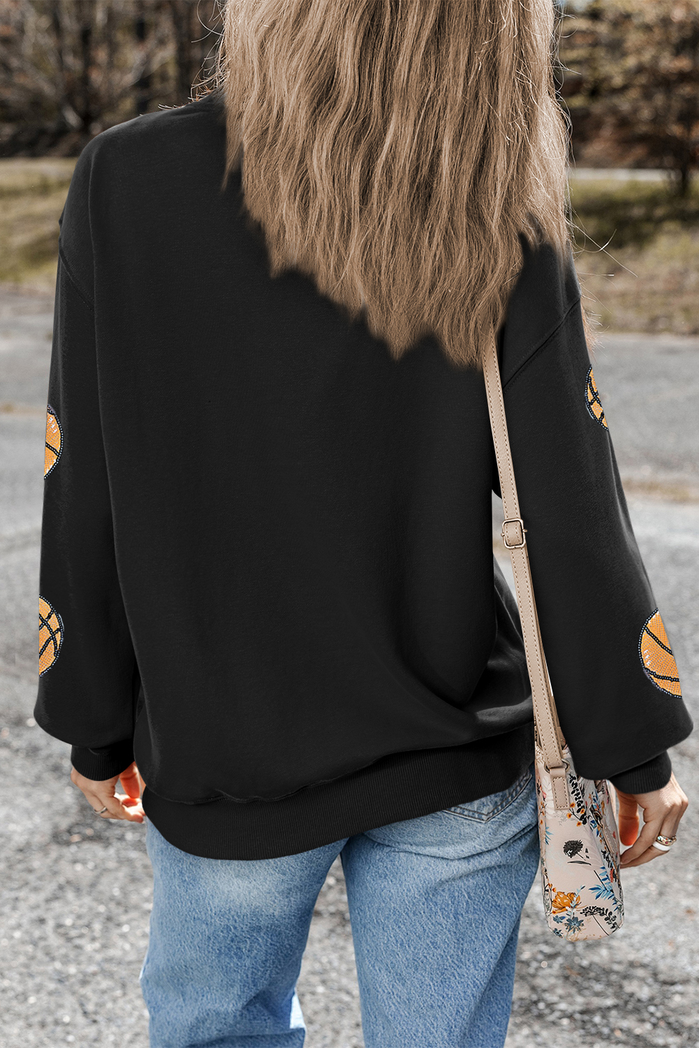 Black Sequin Basketball Patched Graphic Game Day T Shirt