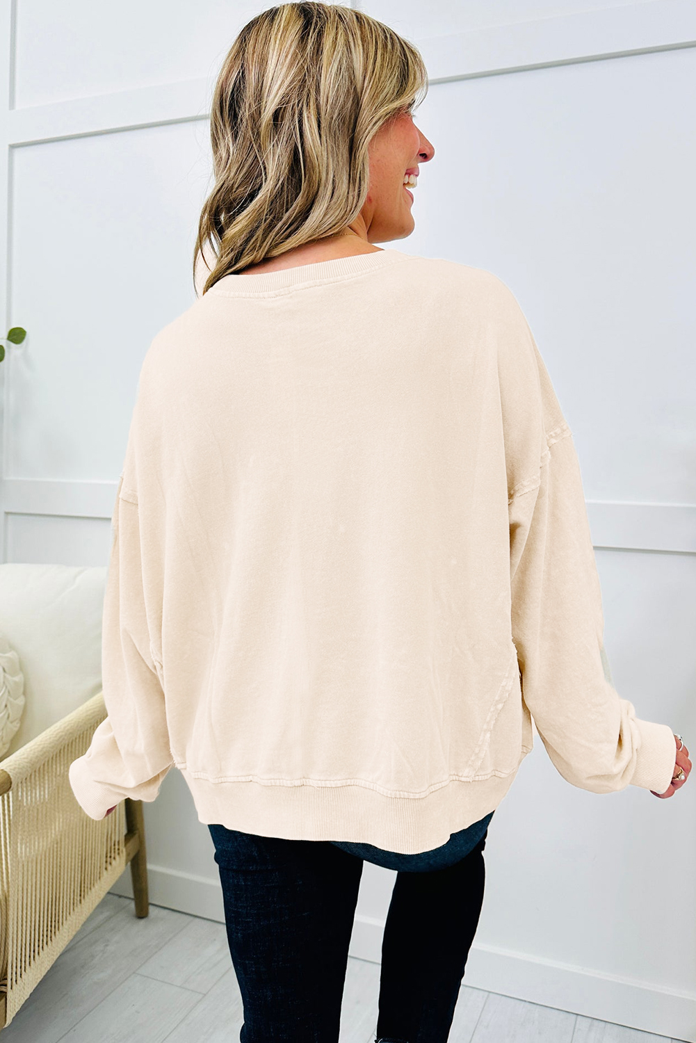 Beige Raw Edge Flower Patch Drop Shoulder Casual Top