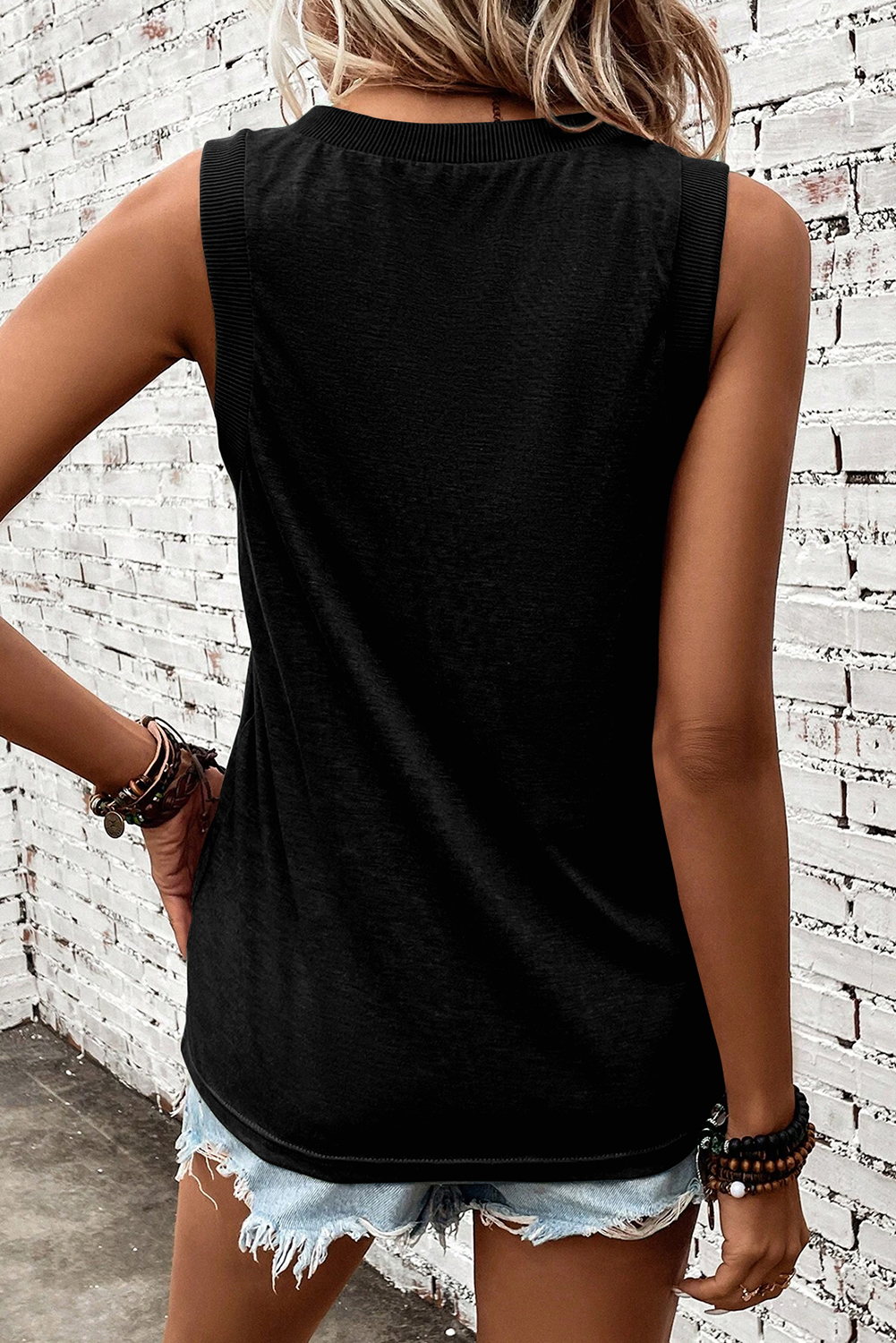 Black Sequined Crawfish Ribbed V Neckline Tank Top