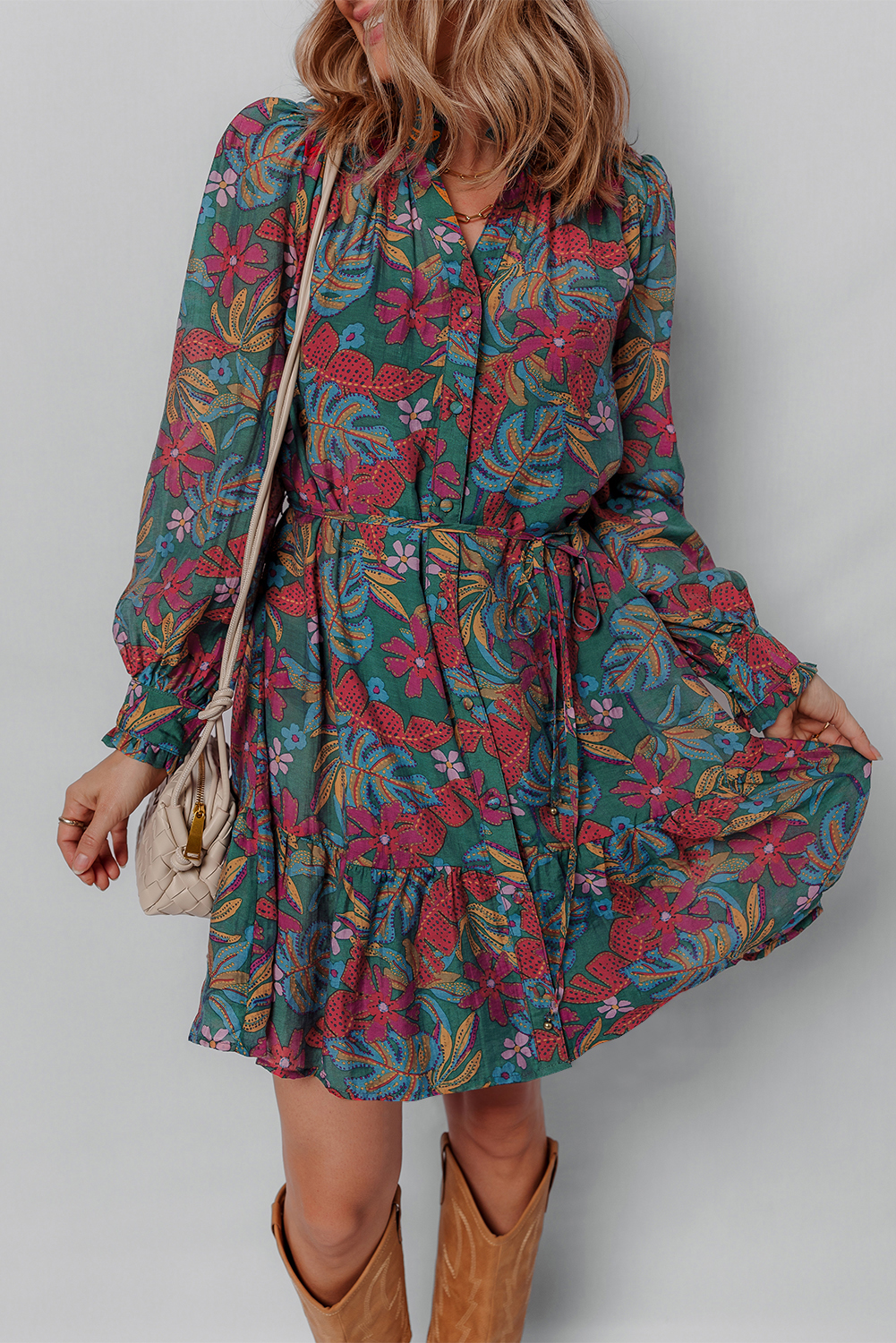 Green Floral Friled V Neck Puff Sleeve Ruffled Shirt Dress
