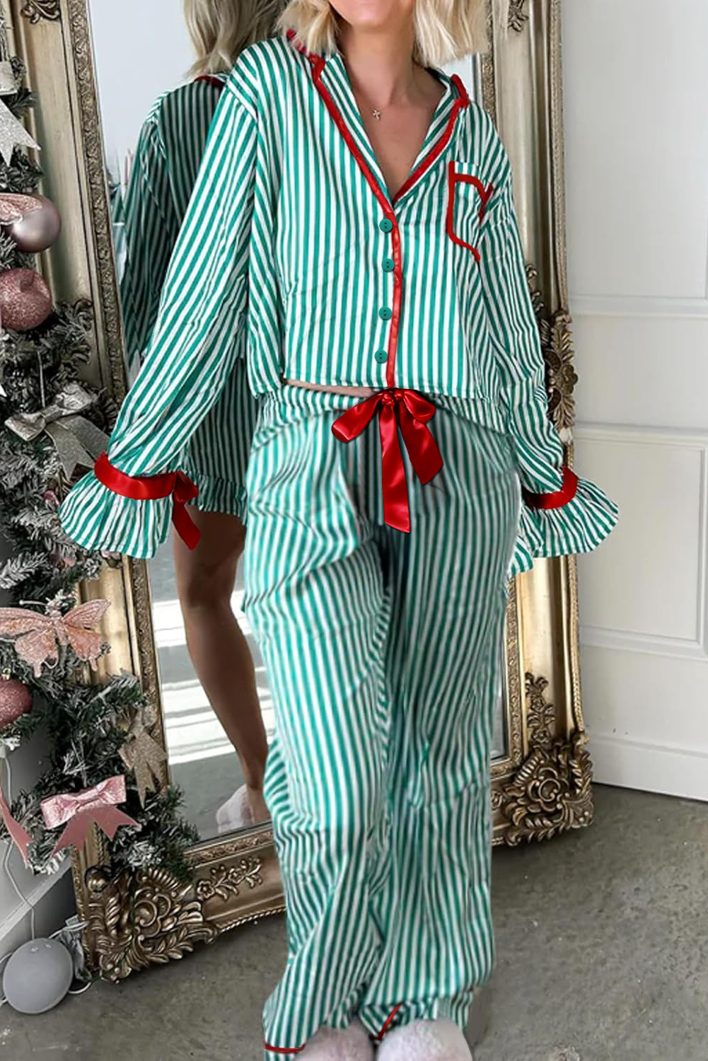 Red Stripe Contrast Velvet Trim Bow Knot Waist 2pcs Pajama Set