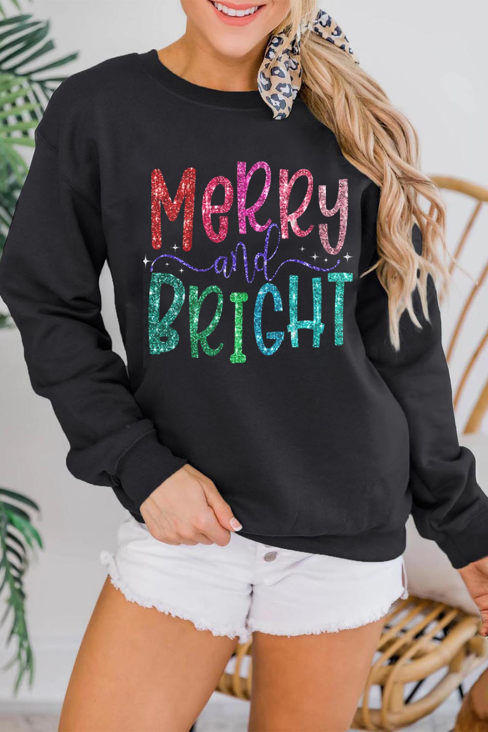 Black Merry and Bright Graphic Christmas Pullover Sweatshirt